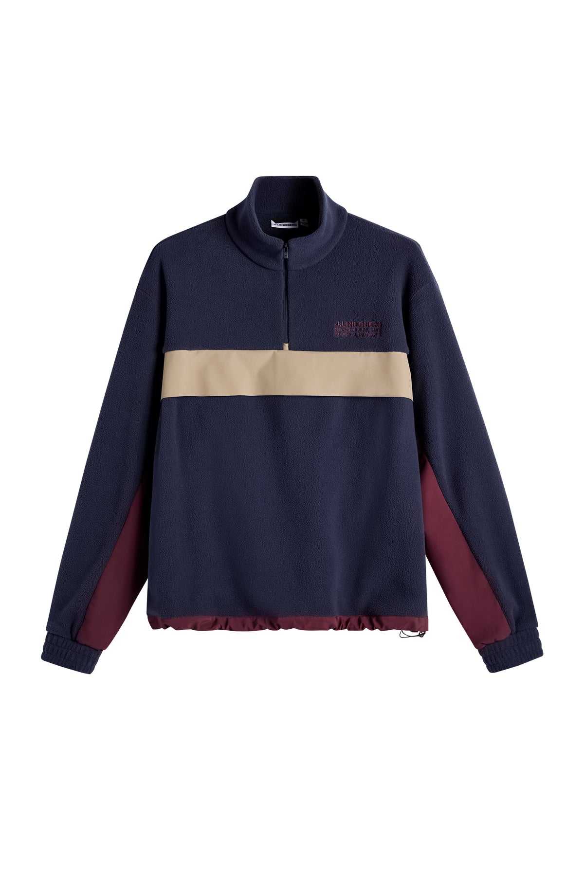 Set forfra: Mørkeblå Quinn Hybrid Sweatshirt med beige panel over brystet, kvartlynlås og snørekant.