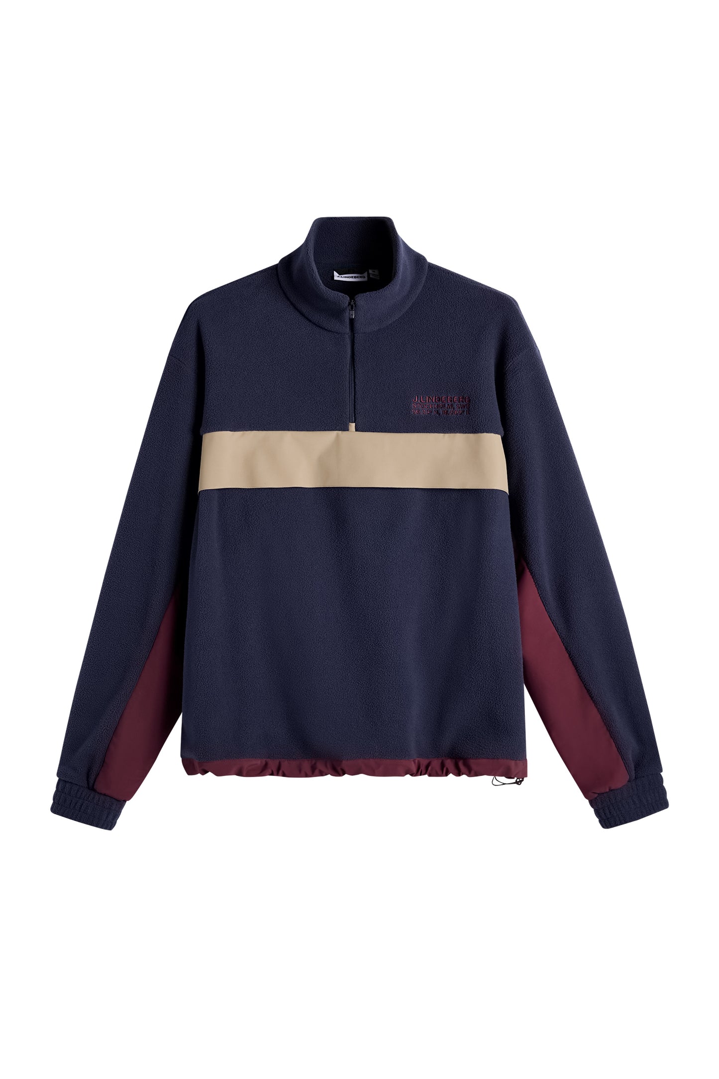 Set forfra: Mørkeblå Quinn Hybrid Sweatshirt med beige panel over brystet, kvartlynlås og snørekant.