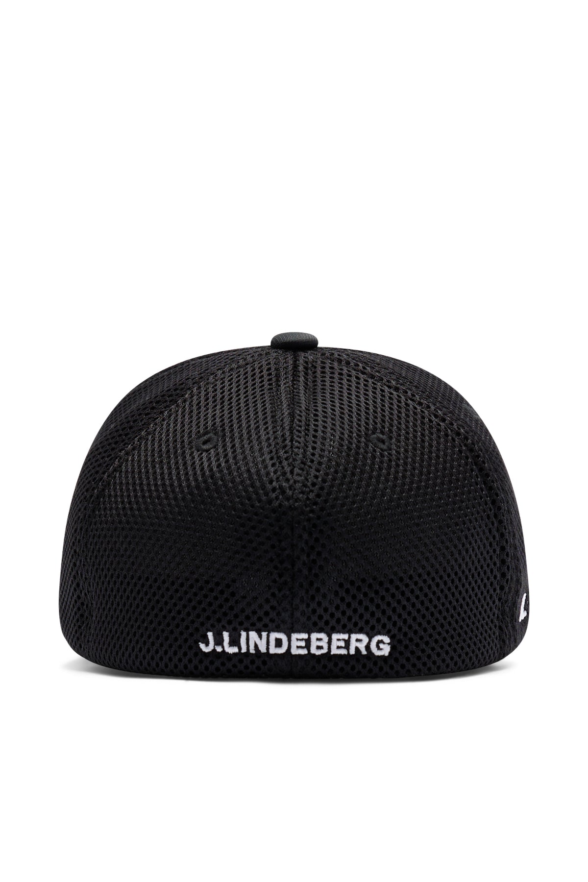 Sett bakfra: Svart JL Pro Cap med mesh-panel, ventilasjonshull og brodert J.LINDEBERG-tekst.