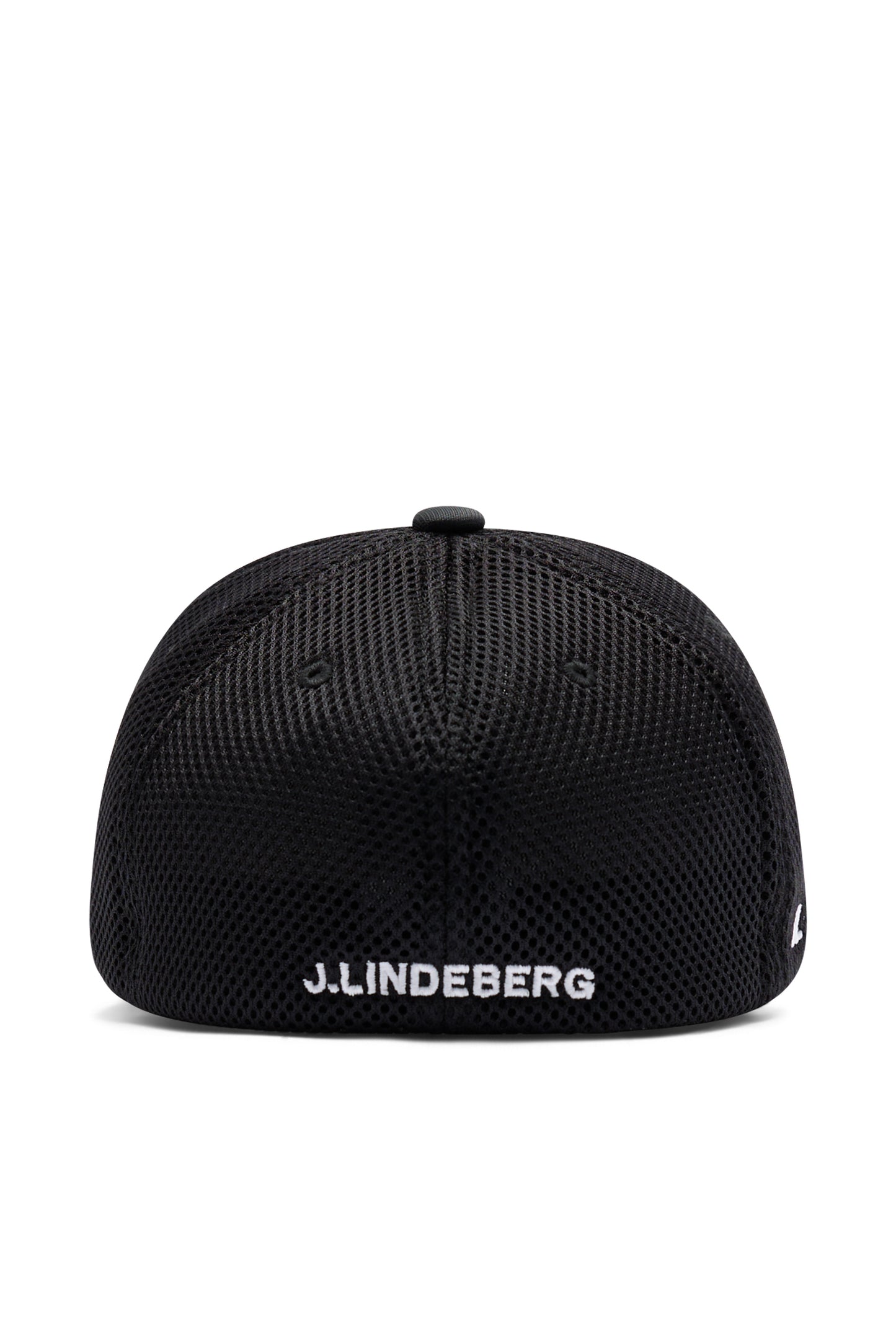 Sett bakfra: Svart JL Pro Cap med mesh-panel, ventilasjonshull og brodert J.LINDEBERG-tekst.