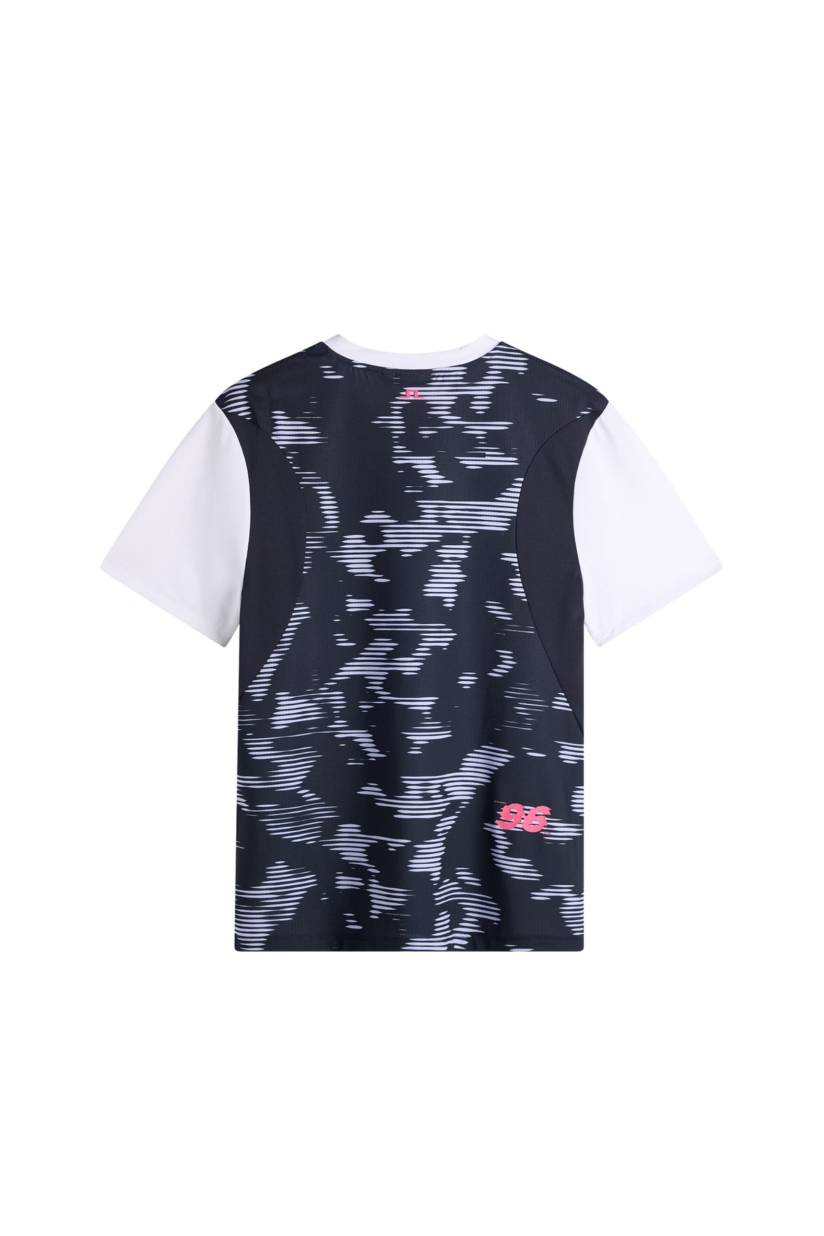Achteraanzicht: Dennis Printed T-shirt met grafisch patroon, witte korte mouwen en Bridge-logo in de nek.