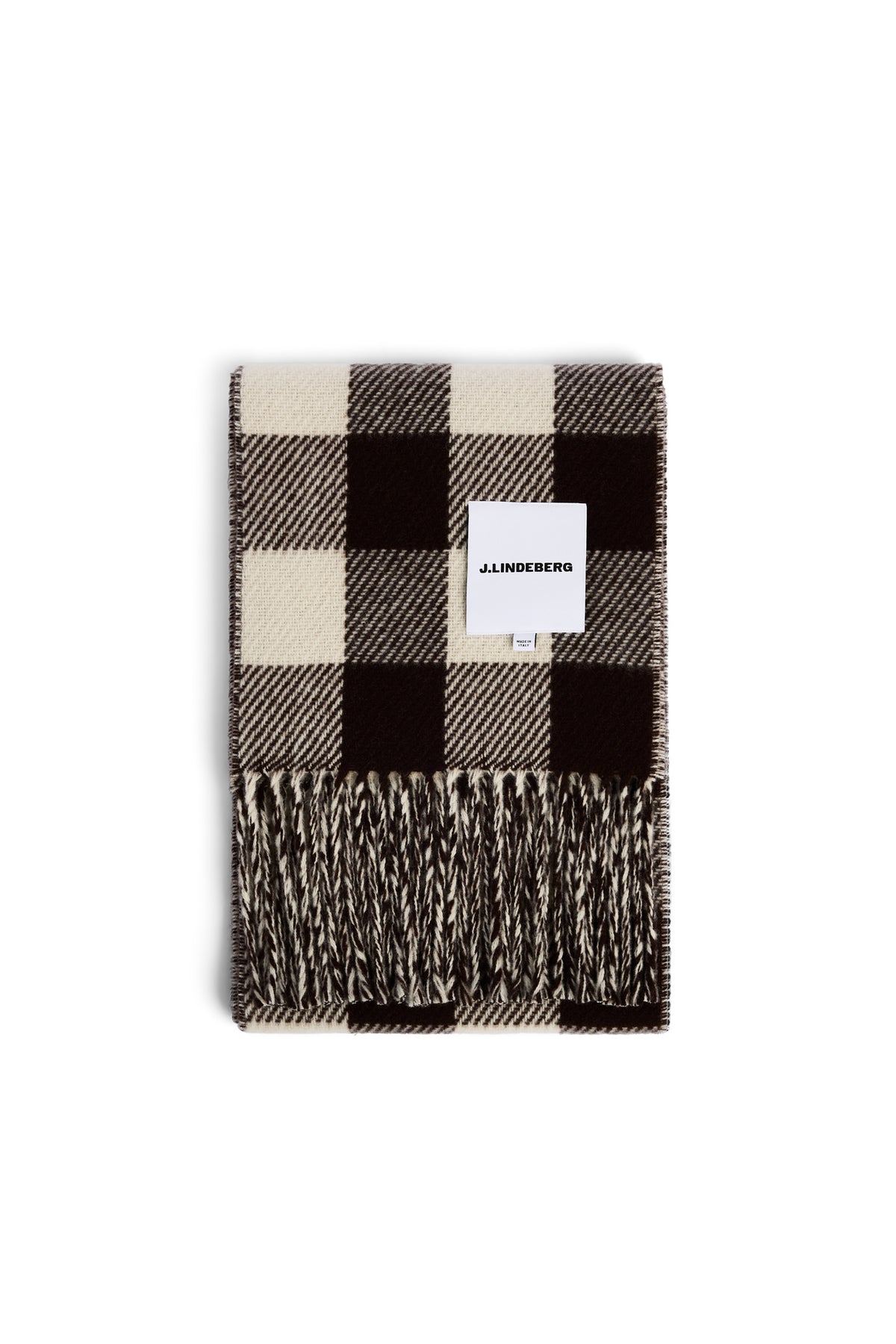 Checked Scarf in Seal Brown, folded view showing the check pattern and fringe trim.
