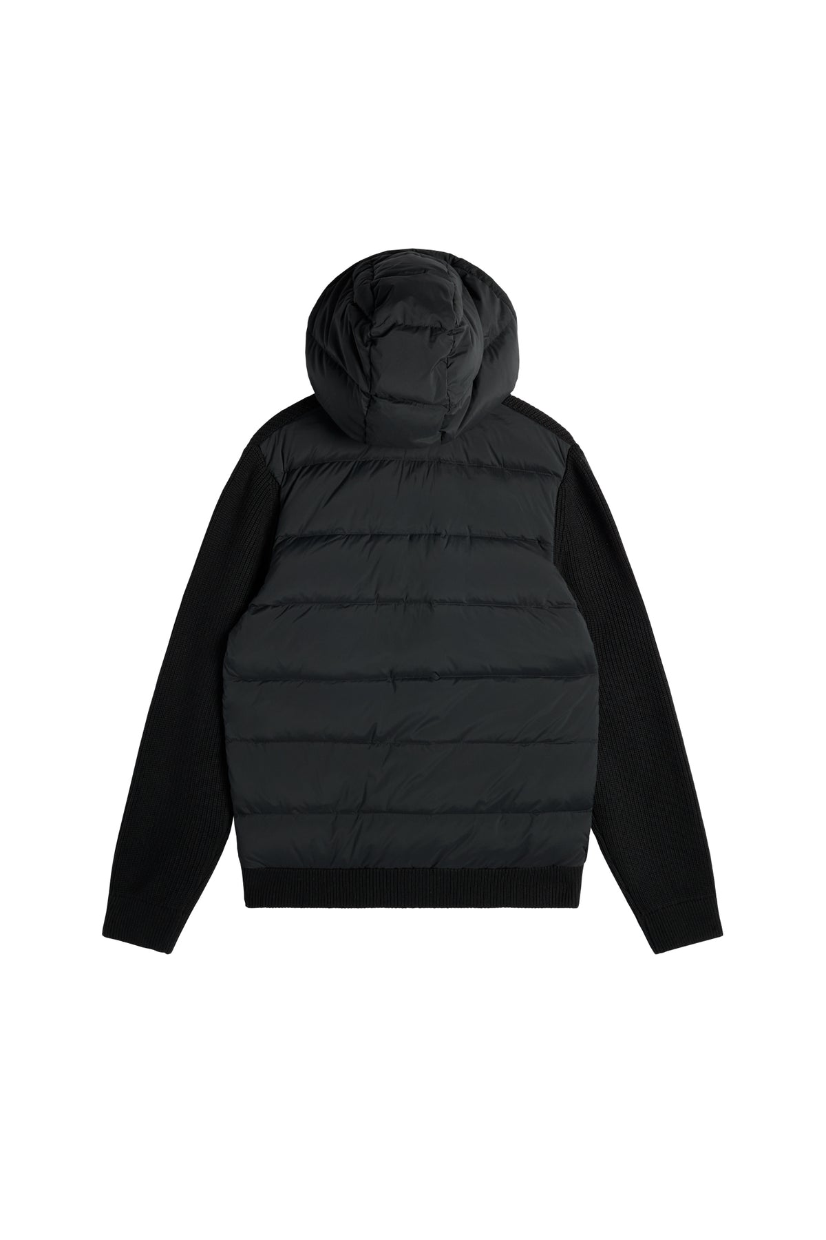 Bakifrån: Dorin Knit Hood Hybrid Jacket i svart med quiltat bakstycke, huva och stickade ärmar med ribbad fåll.