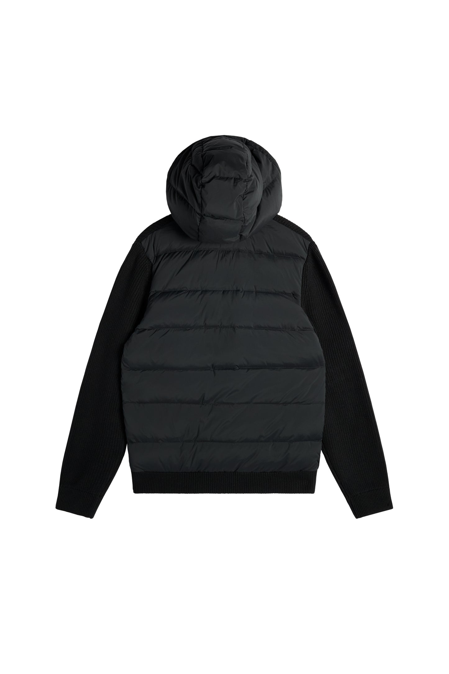 Bakifrån: Dorin Knit Hood Hybrid Jacket i svart med quiltat bakstycke, huva och stickade ärmar med ribbad fåll.