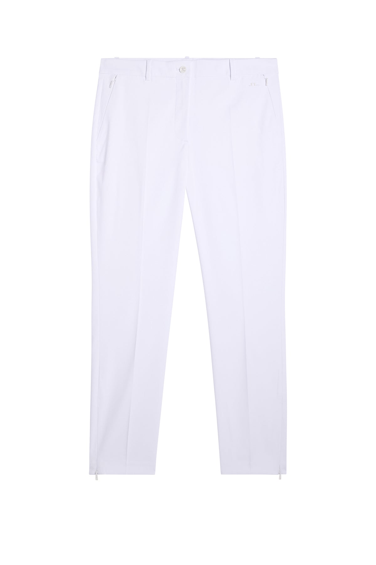 Front view of the white Pia Pant with button closure, zippered side pockets, and ankle zippers.