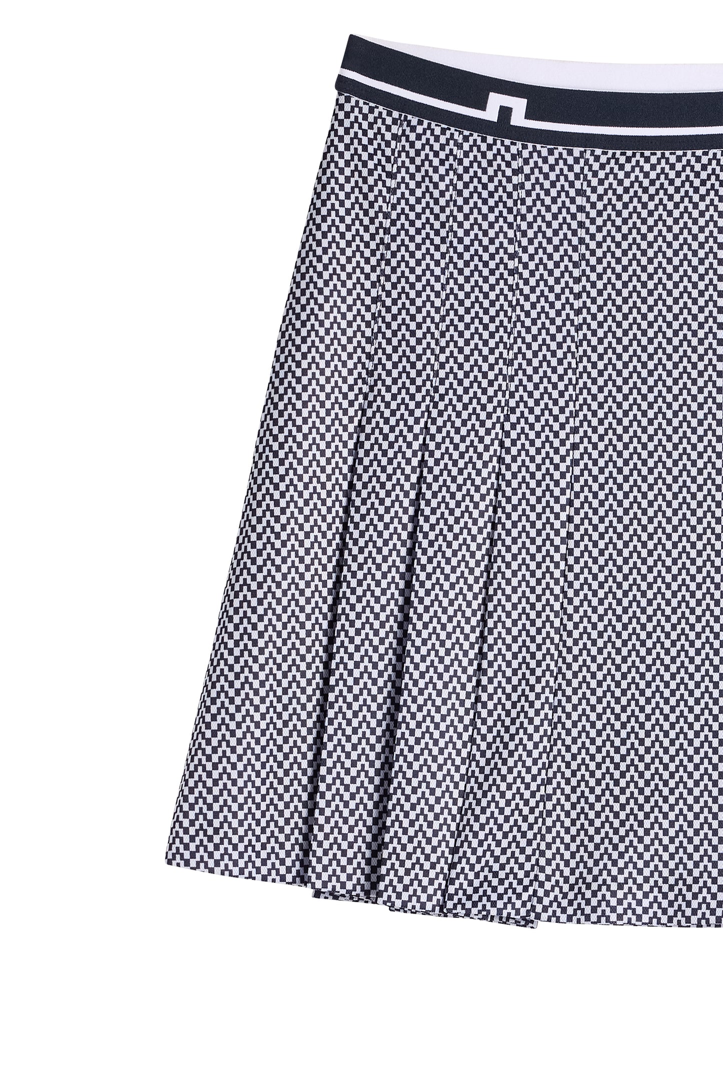 Gros plan : Harlow Print Skirt avec plis cousus imprimés et logo Bridge sur la ceinture.