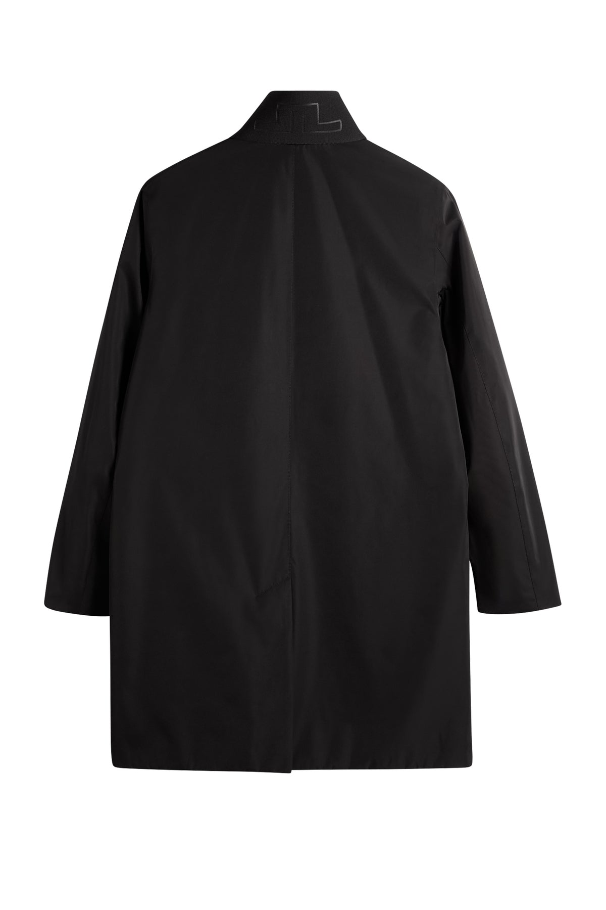 Back view: Black Harold Padded Jacket with a center back seam and tonal Bridge logo on the collar.