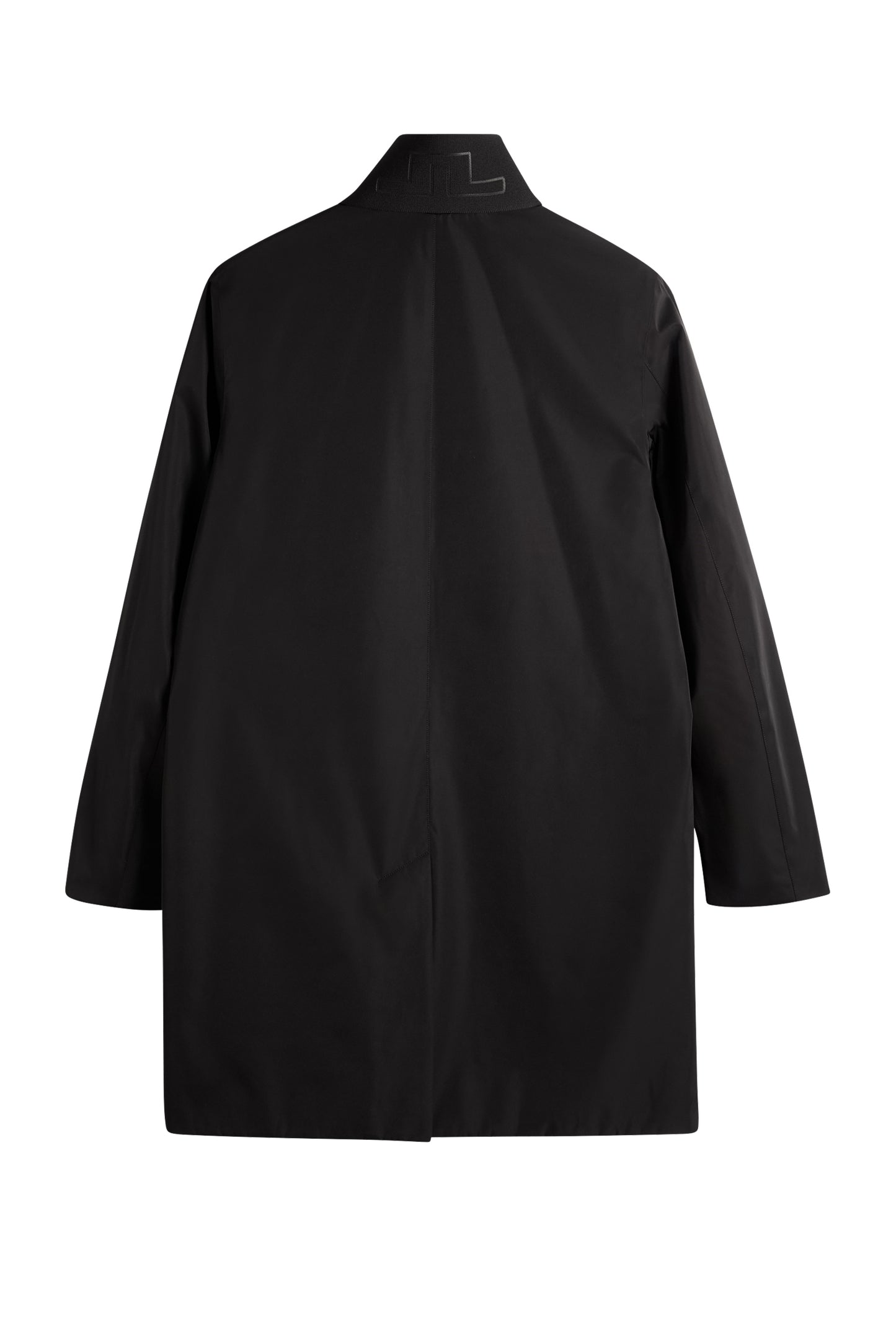 Back view: Black Harold Padded Jacket with a center back seam and tonal Bridge logo on the collar.