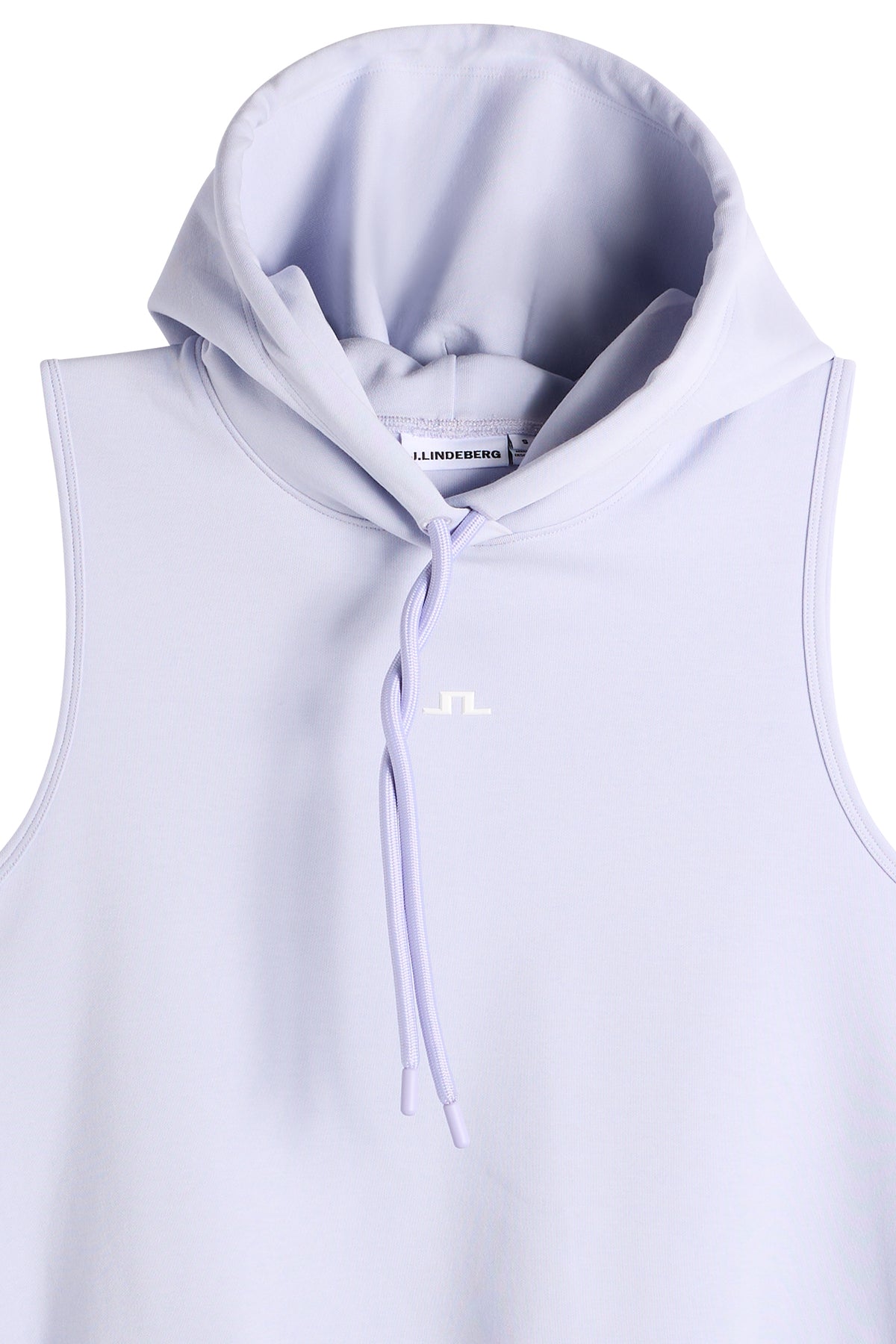 Detailansicht: Hellvioletter Sarah Sleeveless Hood mit Kapuze, Kordelzug und Bridge-Logo auf der Brust.