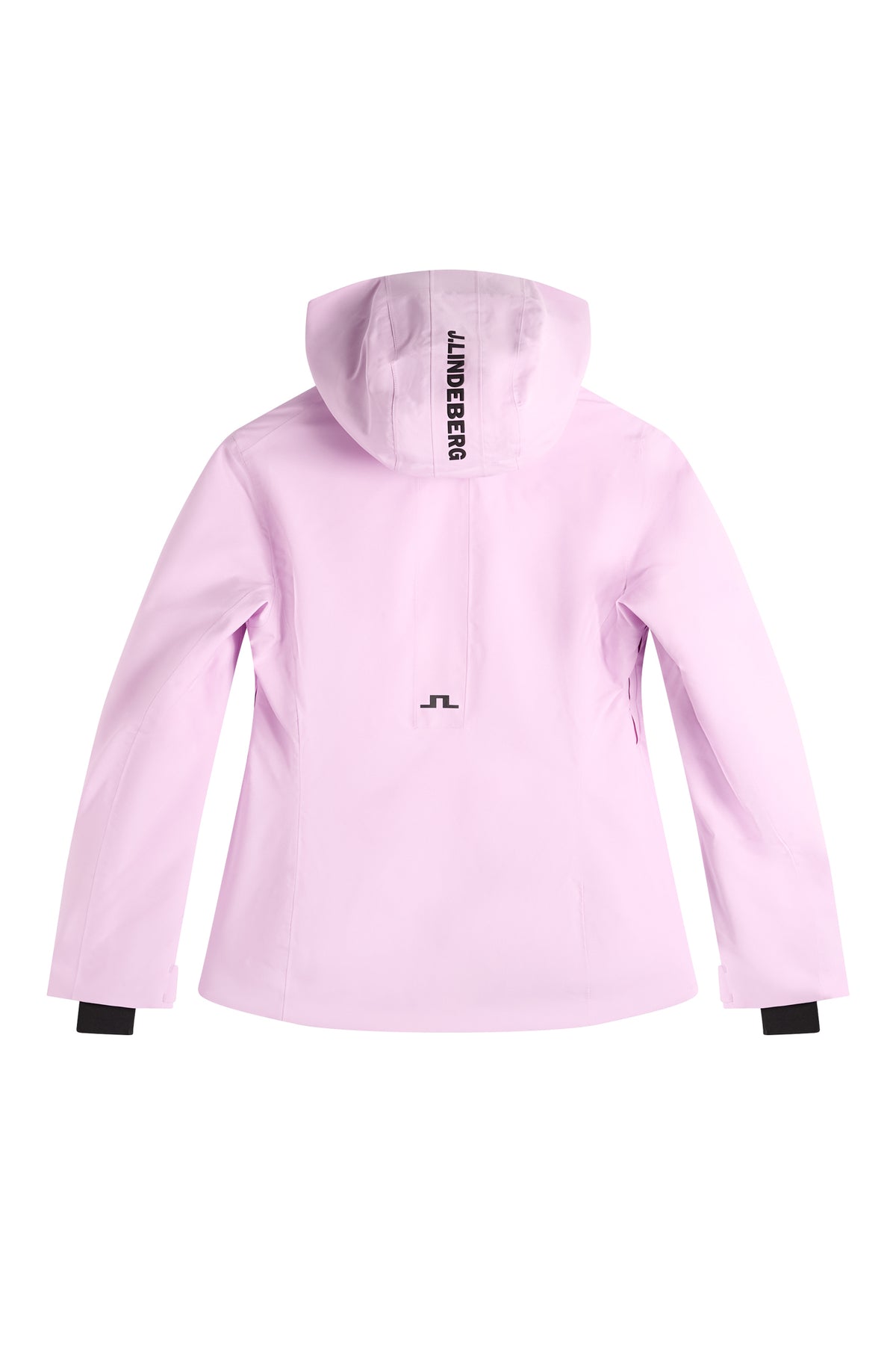 Bagfra: Lilia Jacket i Orchid Bouquet med hætte, J.LINDEBERG-logo og Bridge-logo på ryggen.
