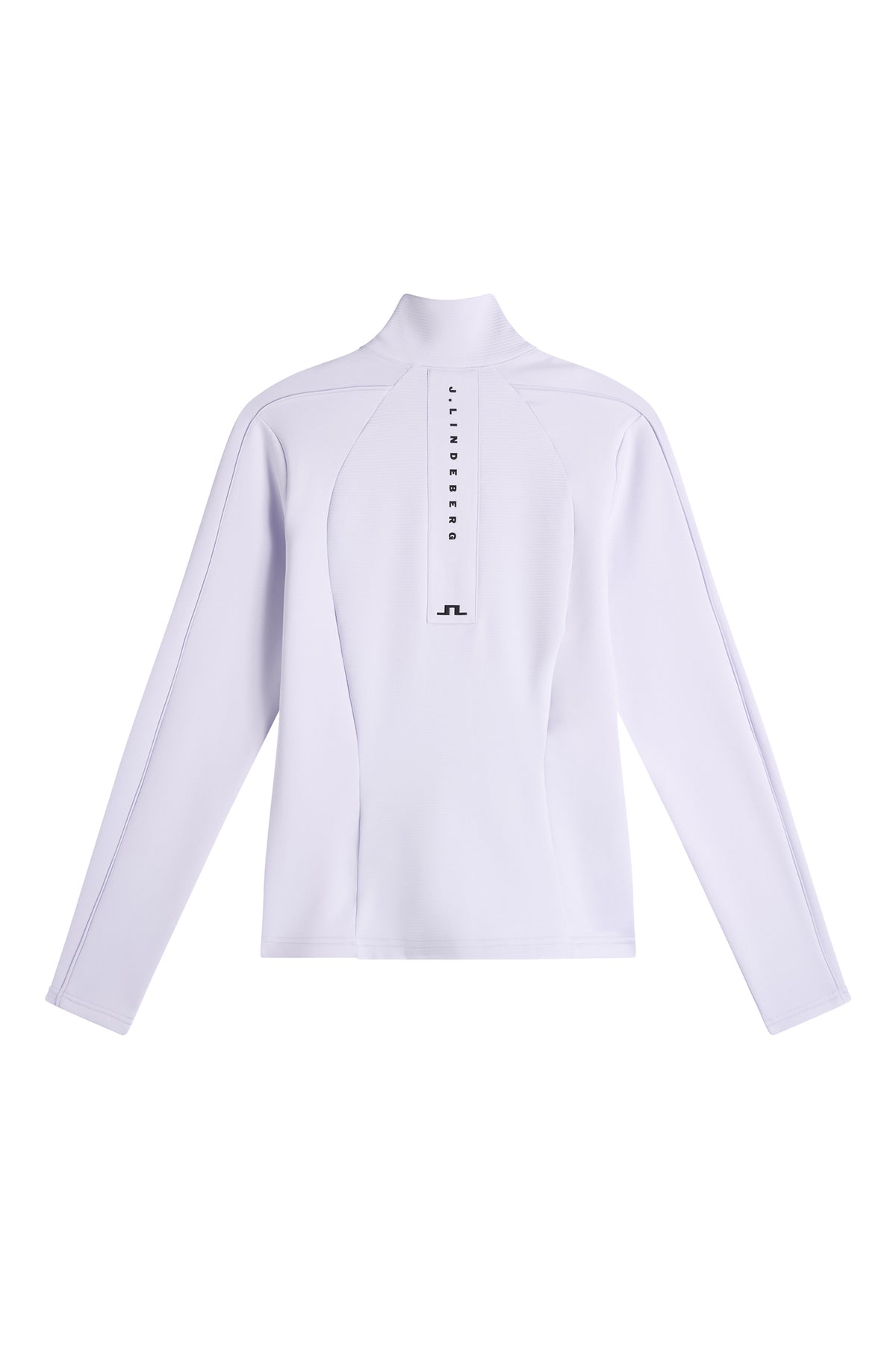 Achteraanzicht: Mireya Full Zip Mid Layer in Purple Heather met verticale J.LINDEBERG-print en Bridge-logo op de rug.