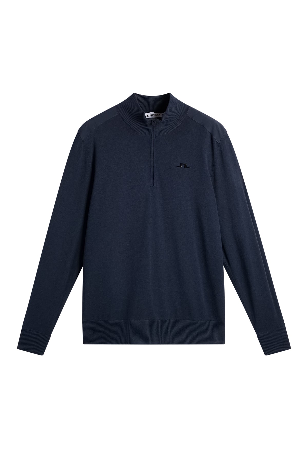 Sett forfra: Jeffrey Windbreaker Sweater i JL Navy med halv glidelås, vevde skulderpaneler og Bridge-logo på brystet.