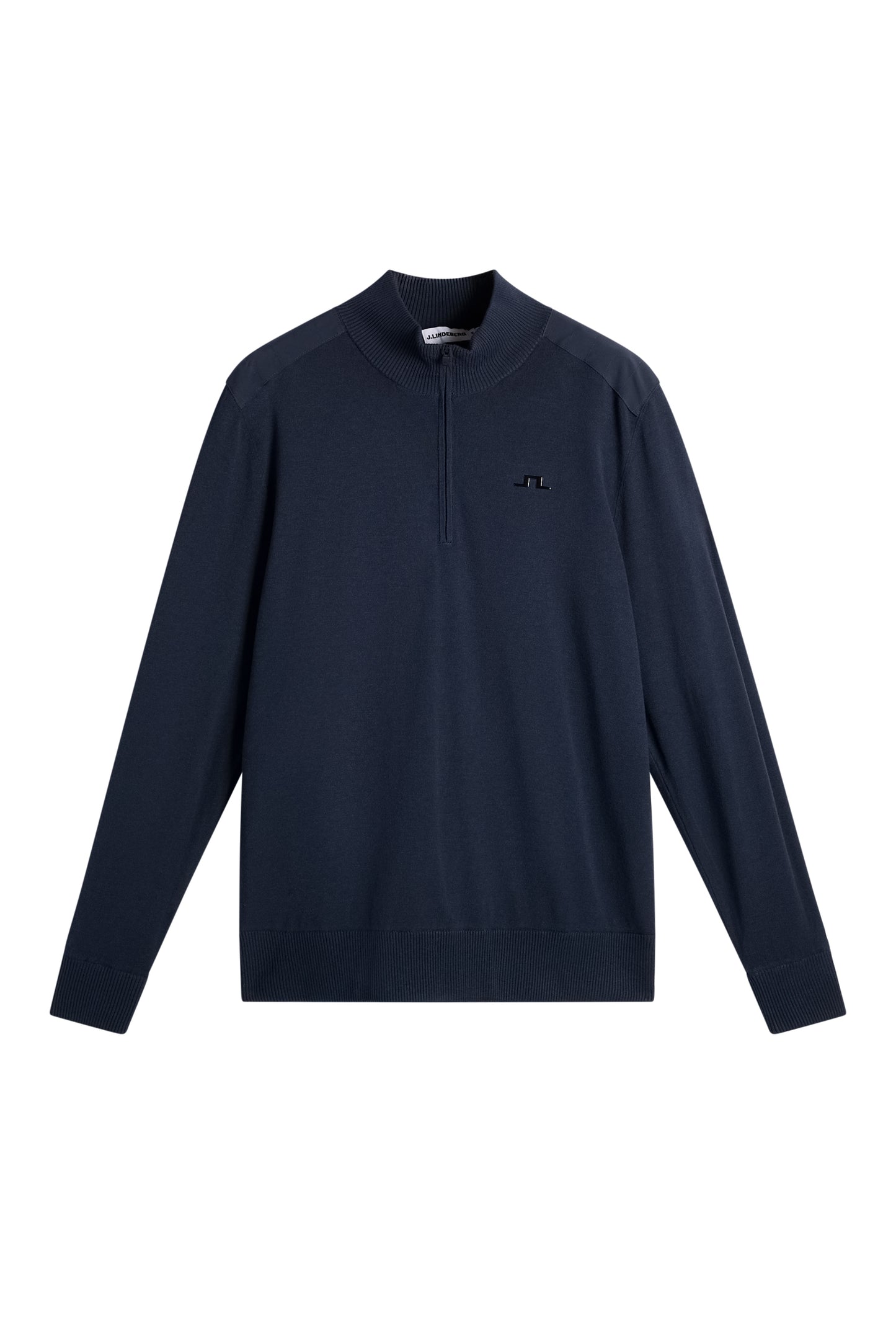 Sett forfra: Jeffrey Windbreaker Sweater i JL Navy med halv glidelås, vevde skulderpaneler og Bridge-logo på brystet.
