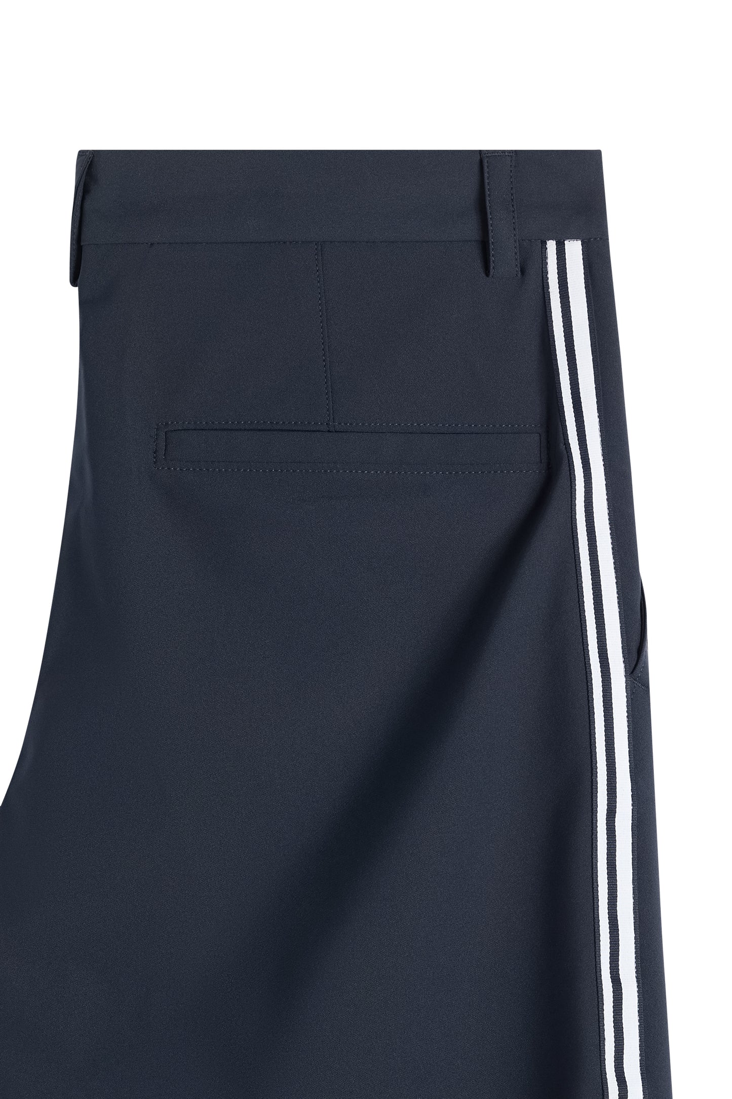 Close-up of the Mitch Stripe pant in JL Navy, showing a back welt pocket and white side stripe tape.