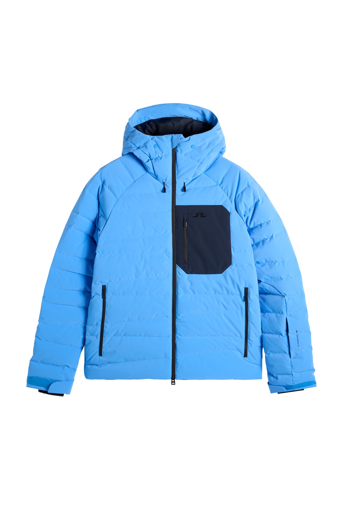 Thornton Down Jacket in Sonic Blue, front view with hood, contrast zippered chest pocket, and quilted panels.