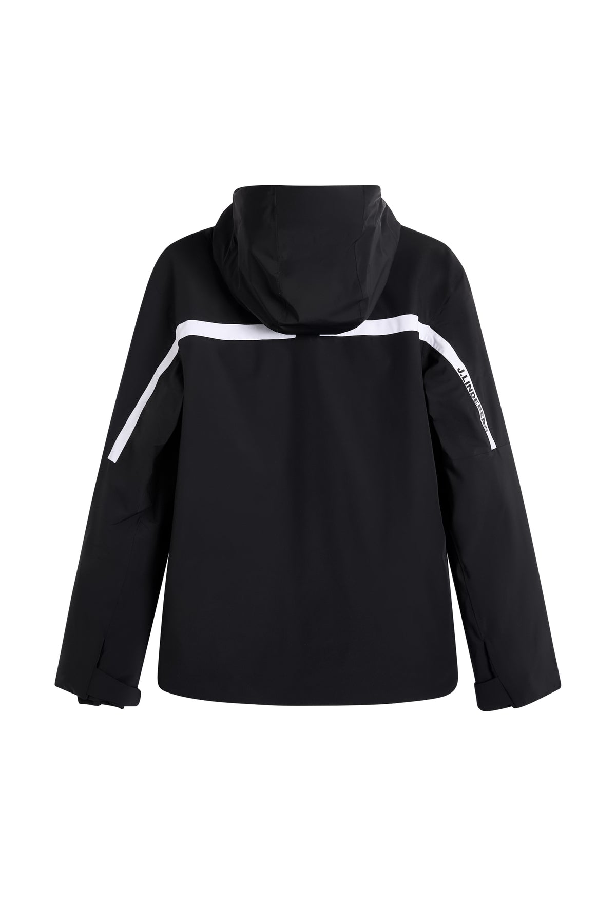 Back view: Black Windsor Jacket with hood and white stripe across the back and sleeves.