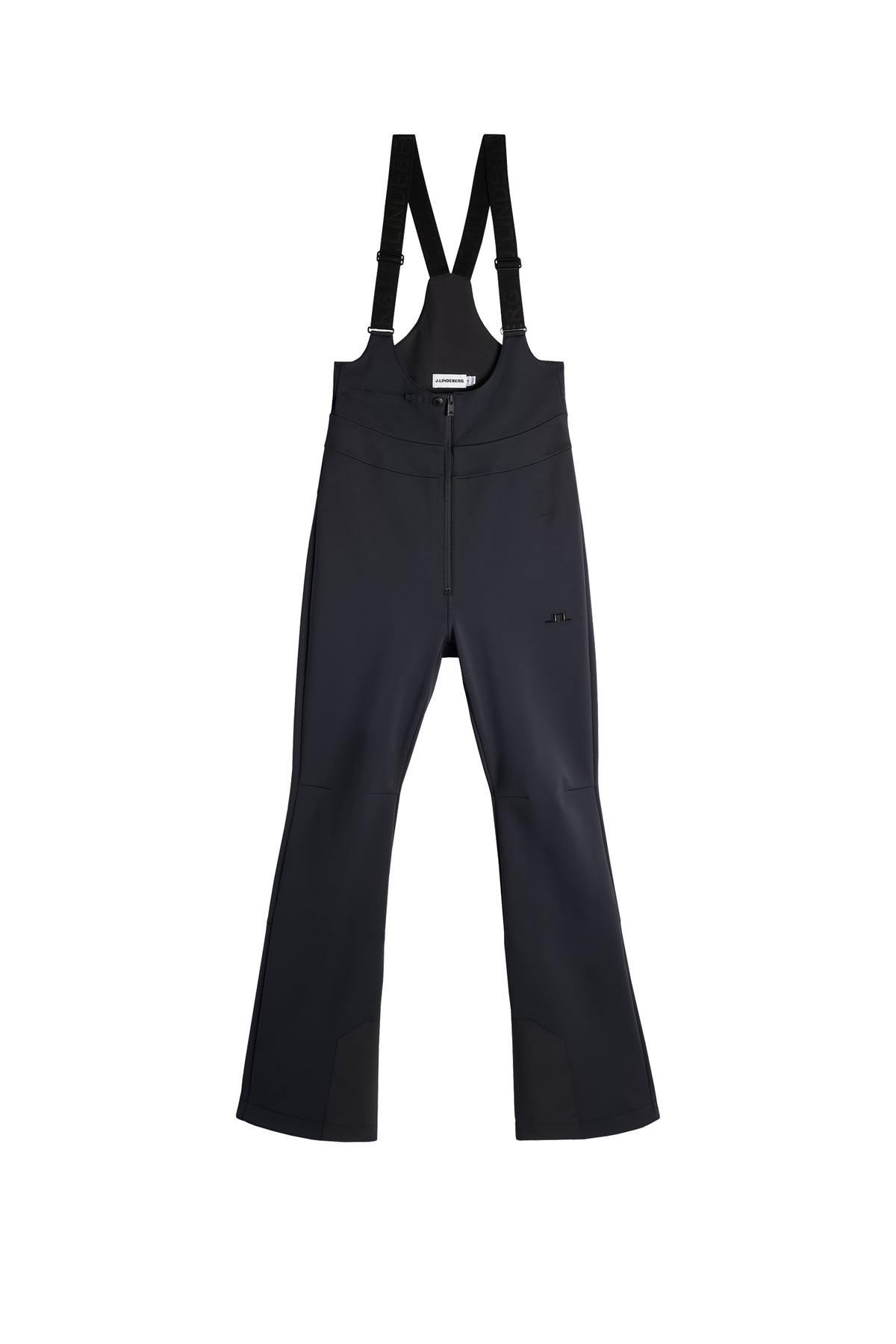 Vooraanzicht: Zwarte Aviana Softshell Bib Pant met verstelbare bretels, ritssluiting en Bridge-logo.