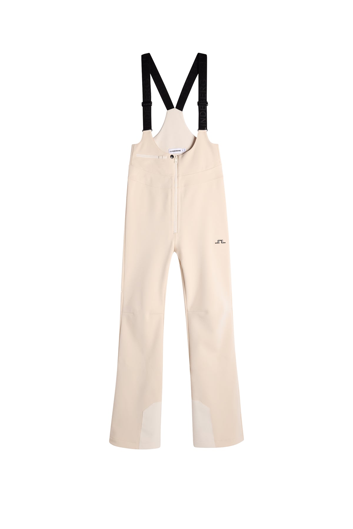 Vooraanzicht: Aviana Softshell Bib Pant in Moonbeam met zwarte bretels, ritssluiting en Bridge-logo.