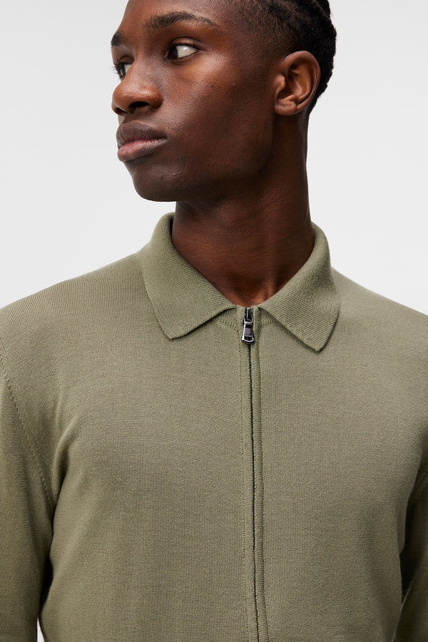 Nyle Light Merino Zip Cardigan / Oil Green