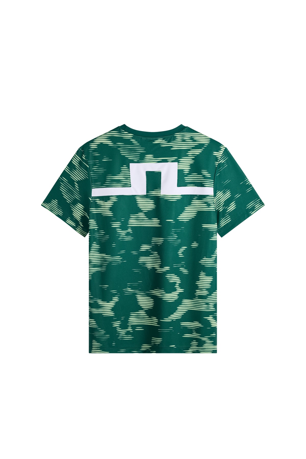 Rückansicht: Grünes Josip Printed T-shirt mit Allover-Print und weißem Bridge-Einsatz am Rücken.