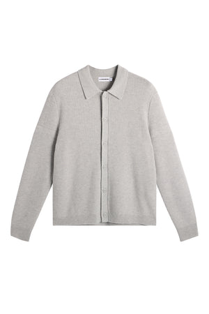 Vorderansicht: Willem Polo Cardigan in Light Grey Melange mit Polokragen und durchgehender Knopfleiste.