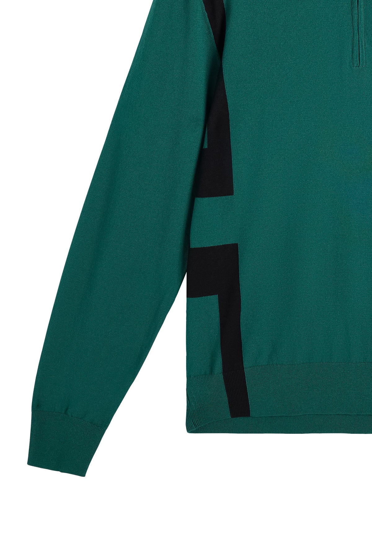 Nærbillede: Grøn Kendrick Knitted Zip Sweater med ribbede manchetter og sorte detaljer i siden.