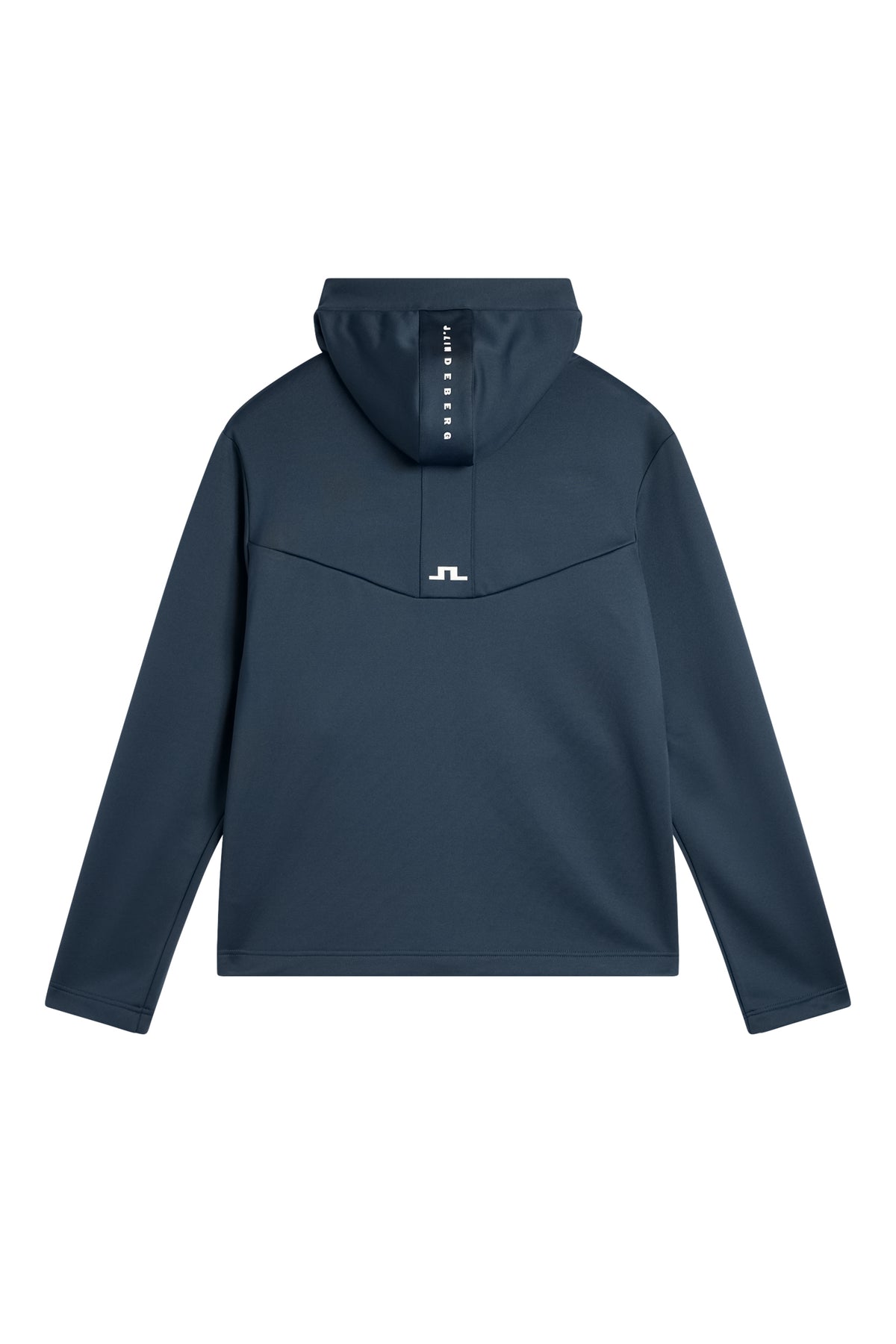 Back view: JL Navy Maclean Zip Hood with J.Lindeberg text on the hood and a white Bridge logo on the center back.