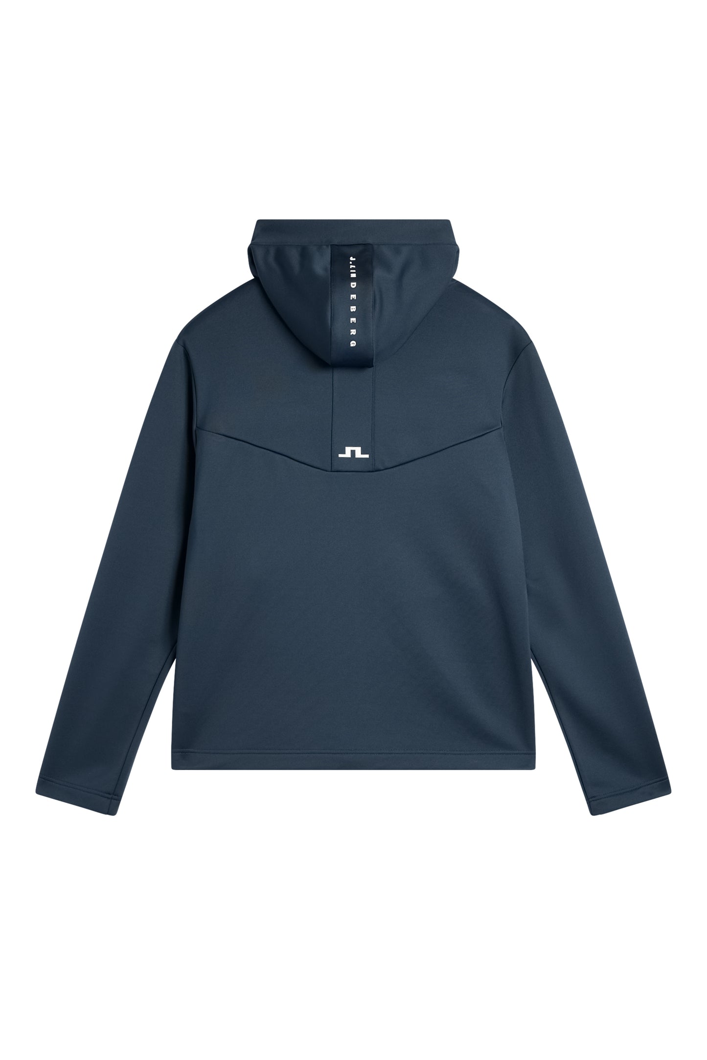 Back view: JL Navy Maclean Zip Hood with J.Lindeberg text on the hood and a white Bridge logo on the center back.