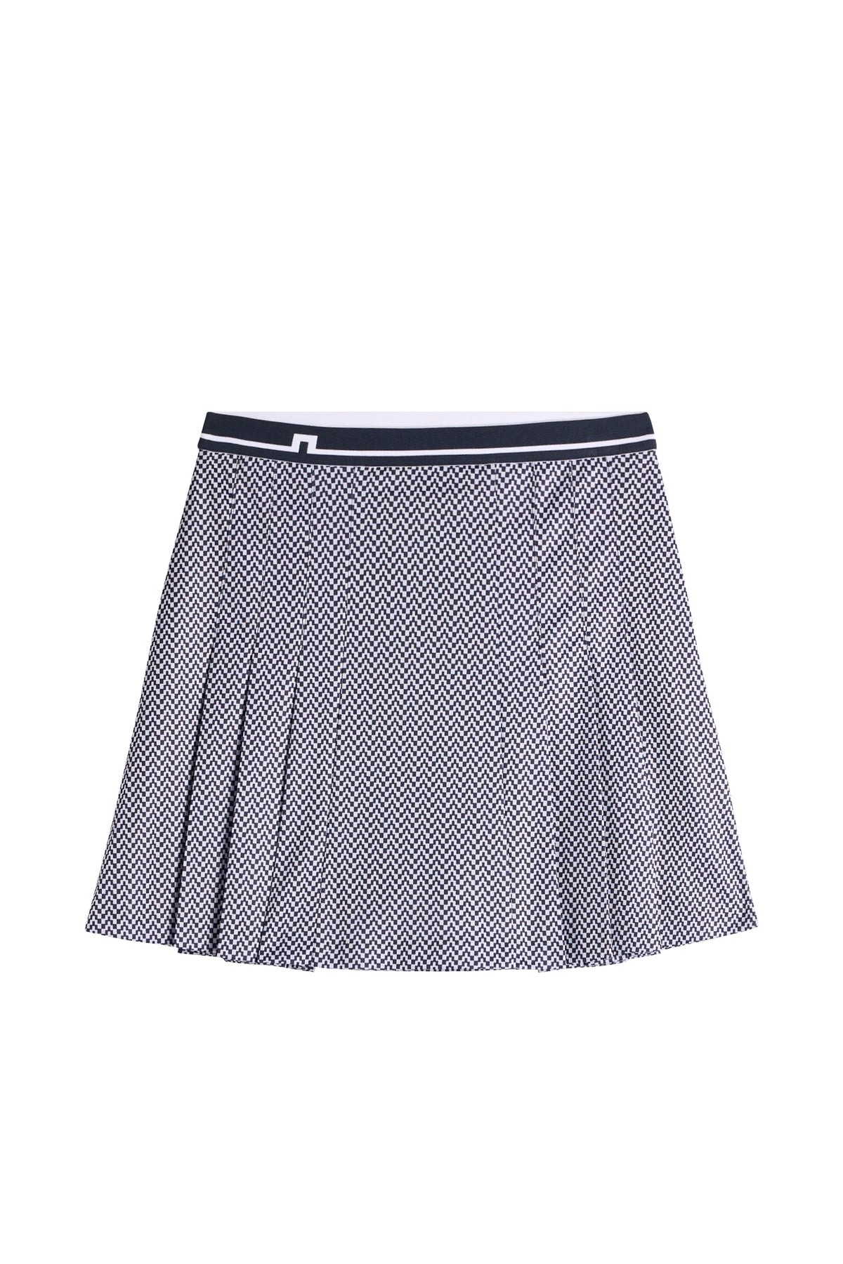 Vue de face : Jupe Harlow Print Skirt bleu marine à motif graphique, plis cousus et ceinture à logo Bridge.