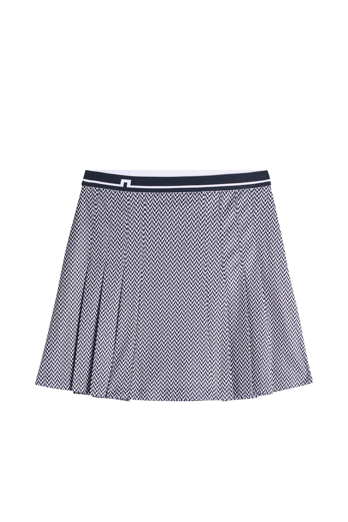 Vue de face : Jupe Harlow Print Skirt bleu marine à motif graphique, plis cousus et ceinture à logo Bridge.