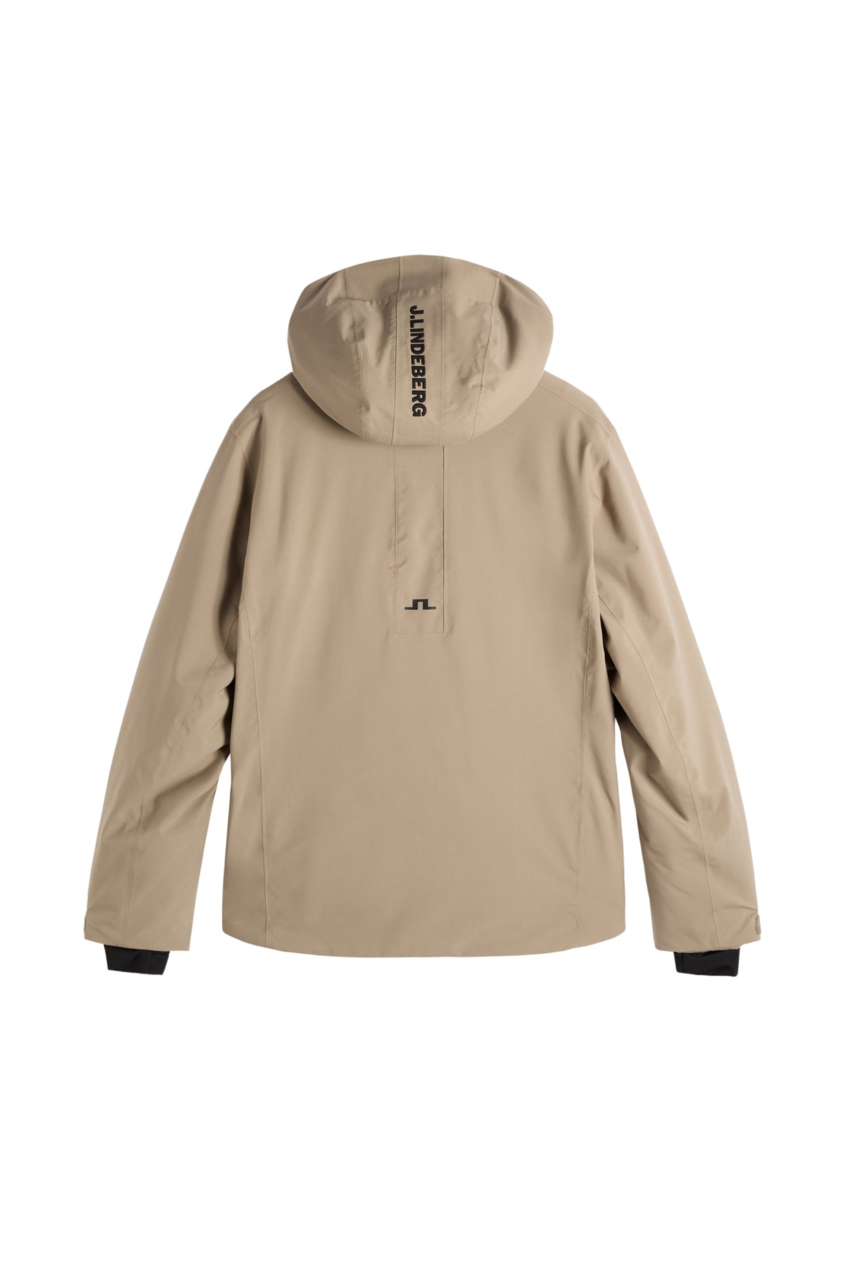 Carrington Jacket in brindle, back view showing a hood with text logo and a central Bridge logo.
