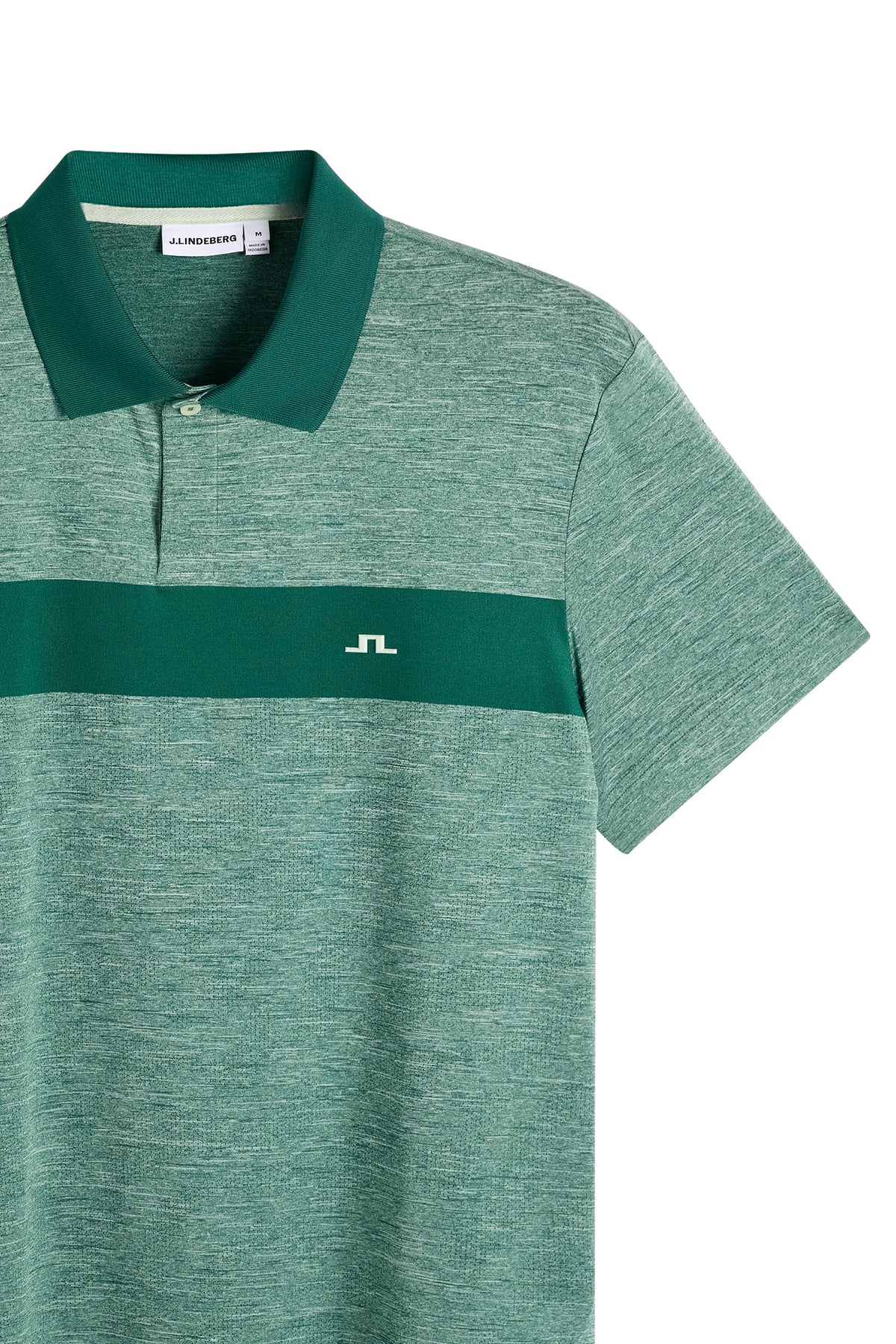 Rocky Polo in green melange, front close-up showing the solid collar, chest stripe, and white Bridge logo.
