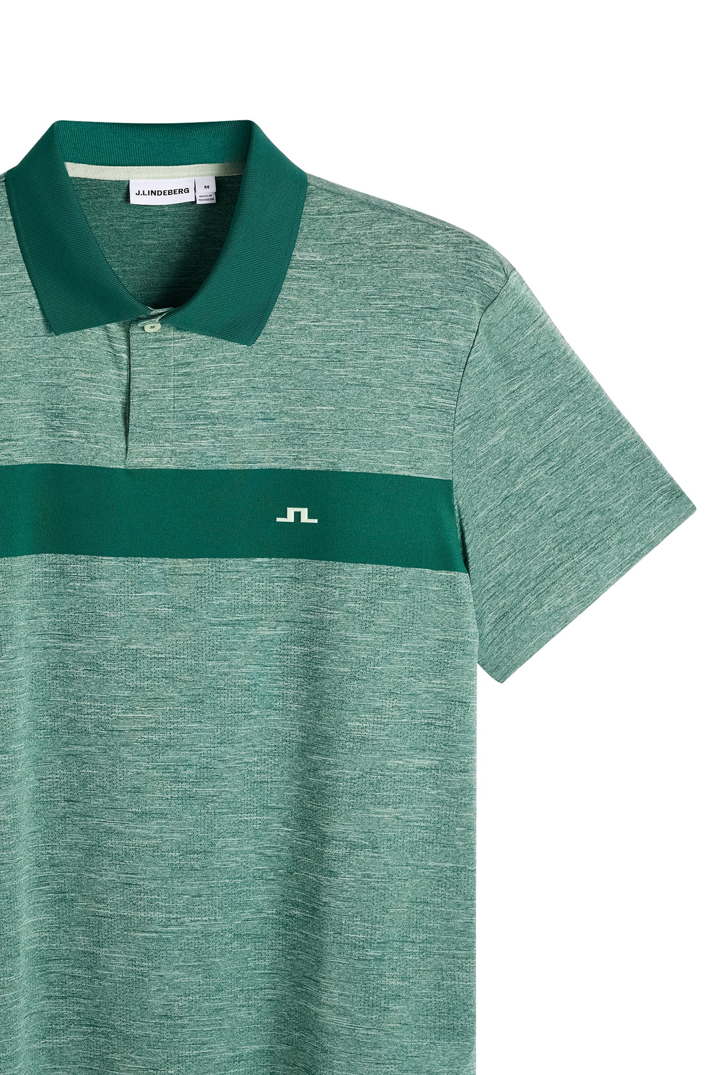 Rocky Polo in green melange, front close-up showing the solid collar, chest stripe, and white Bridge logo.