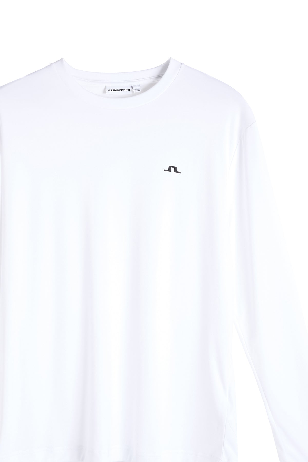 Close-up of the white Ade T-shirt LS with crewneck and black Bridge logo on the chest.