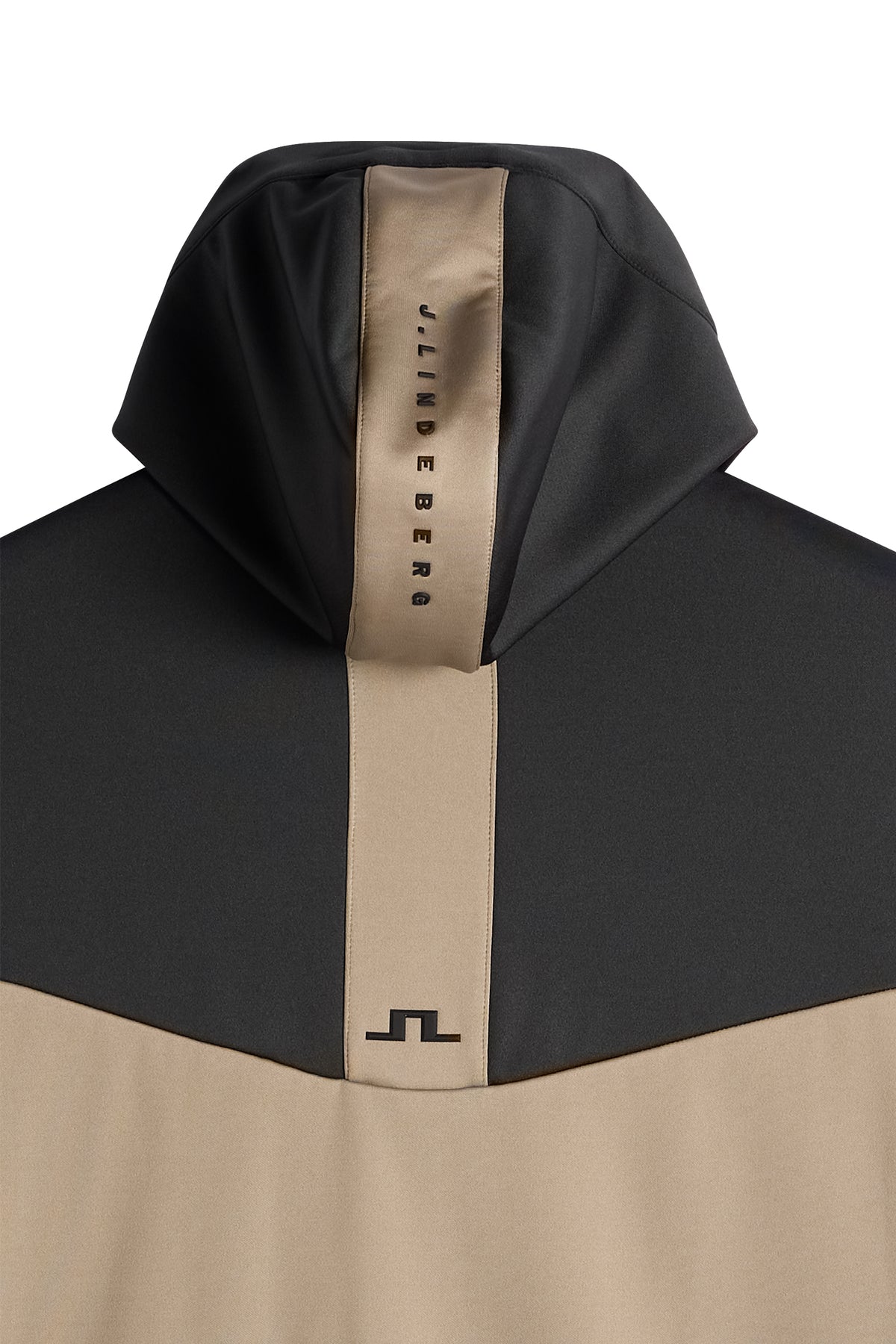Close-up back view: Maclean Zip Hood in black and beige, featuring a central branded hood stripe and a Bridge logo.