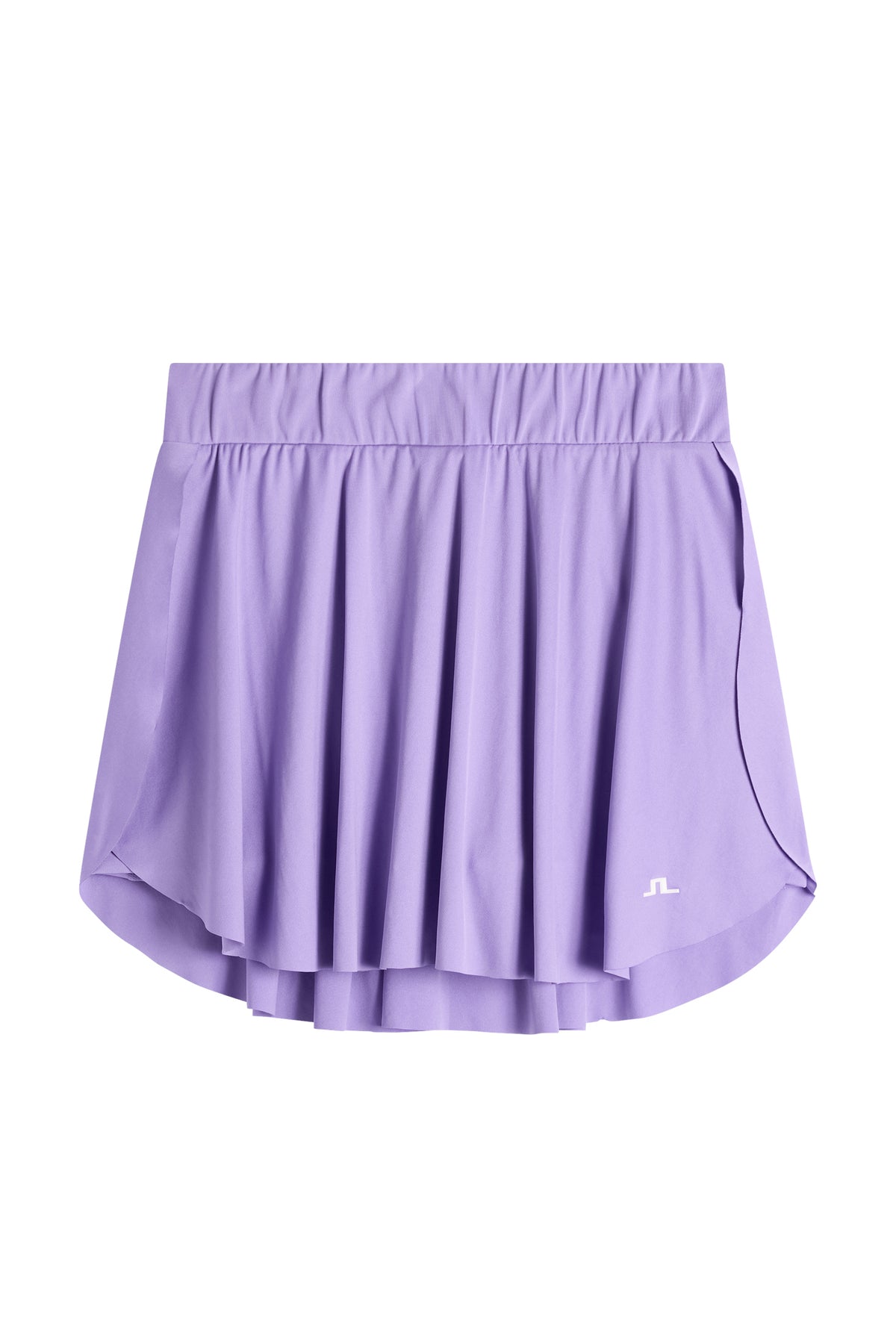 Vue de face : Feilia Skirt violette à taille élastique, coupe fluide et logo Bridge blanc sur l'ourlet.