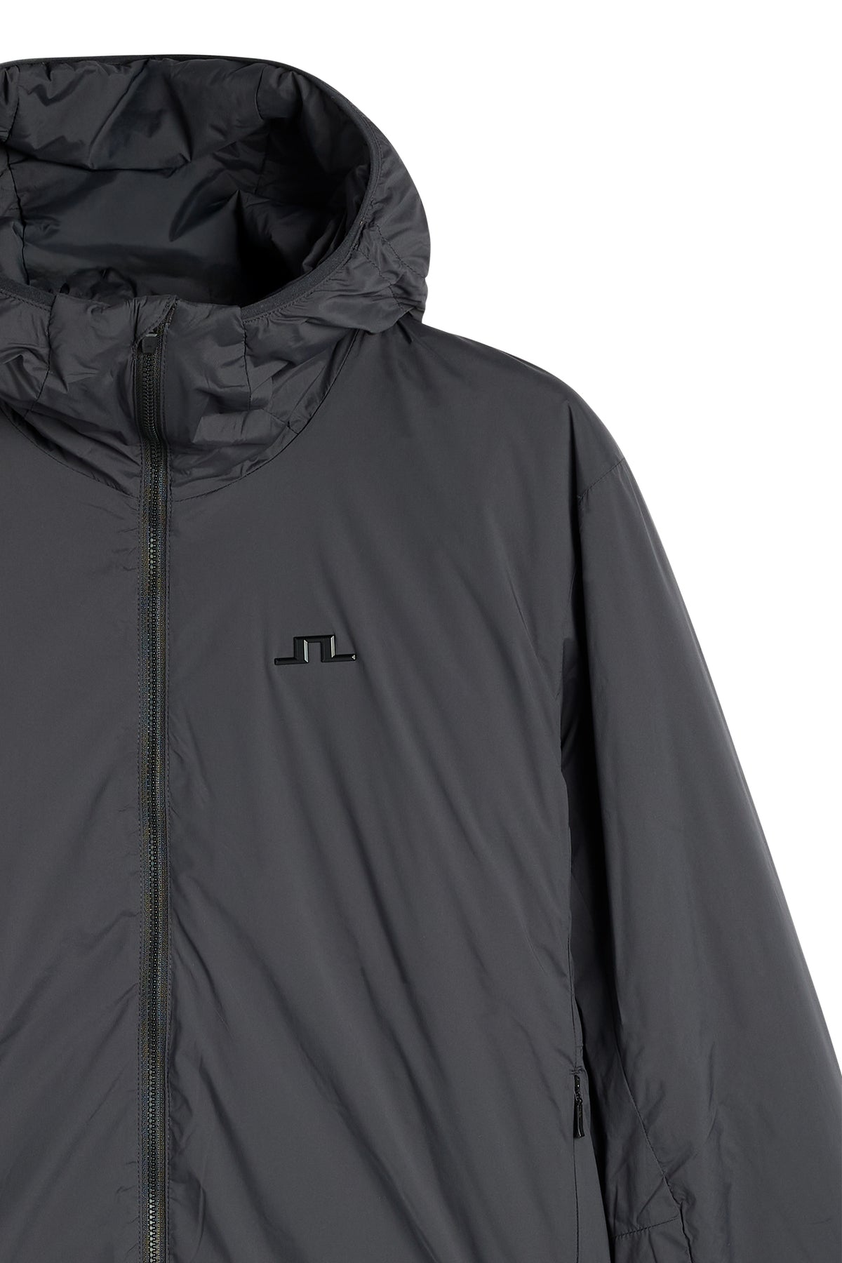 Close-up: Clinton Hood jacket in black with hood, front zipper, and Bridge logo on the chest.