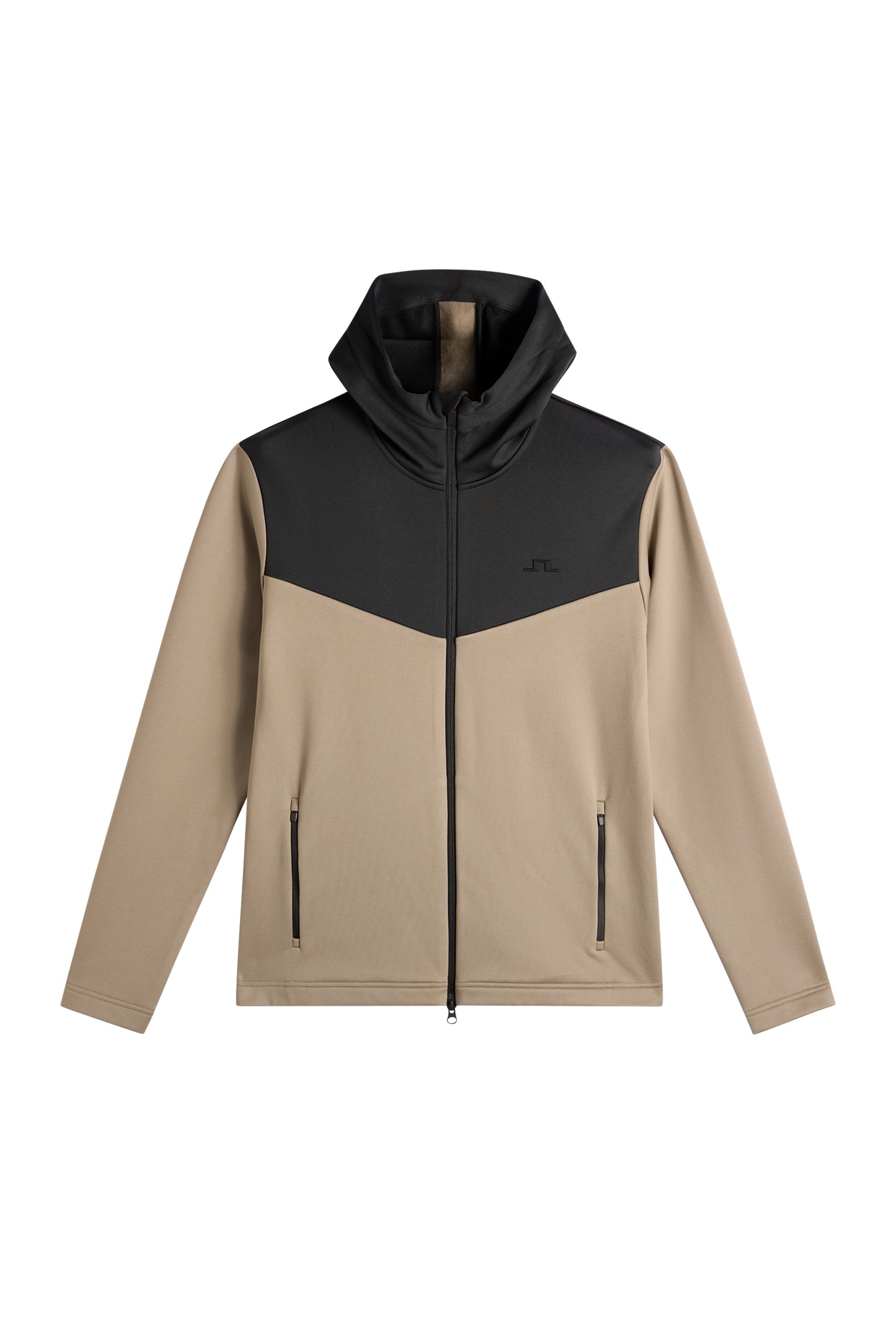 Front view: Beige and black Maclean Zip Hood with a color-blocked chest, two-way zipper, and front zip pockets.