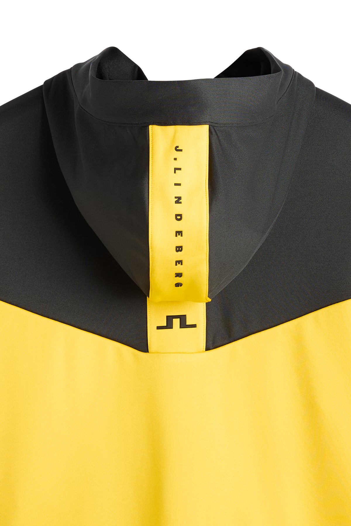 Nærbillede bagfra: Maclean Zip Hood i gul og sort med gult panel på hætten, J.Lindeberg-tekst og Bridge-logo.