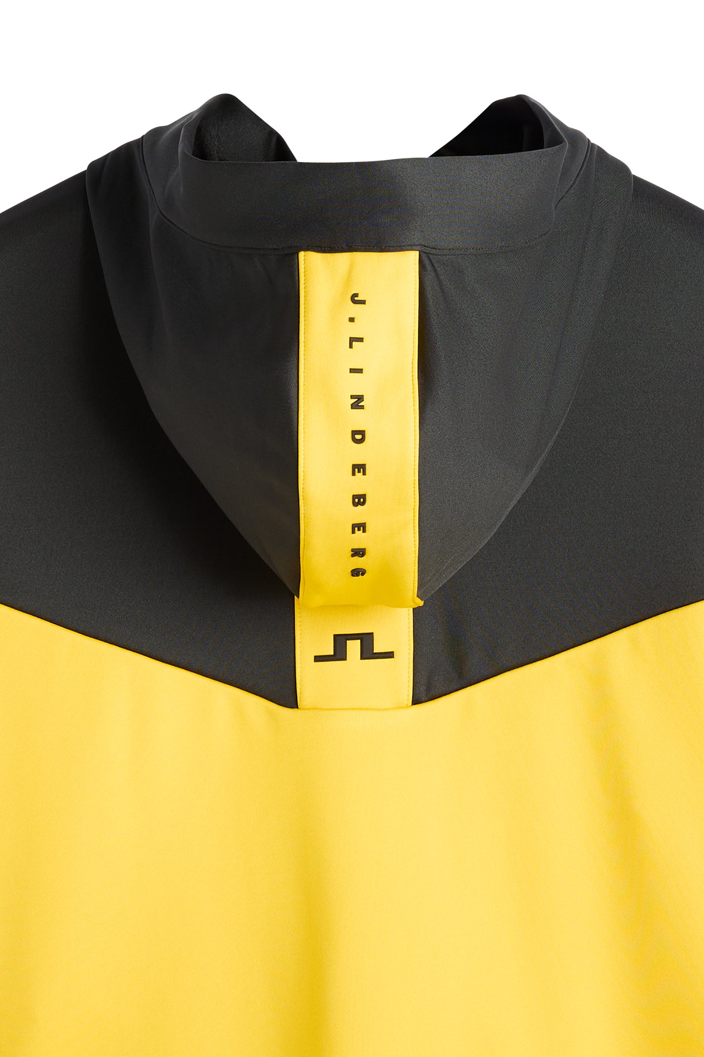 Nærbillede bagfra: Maclean Zip Hood i gul og sort med gult panel på hætten, J.Lindeberg-tekst og Bridge-logo.