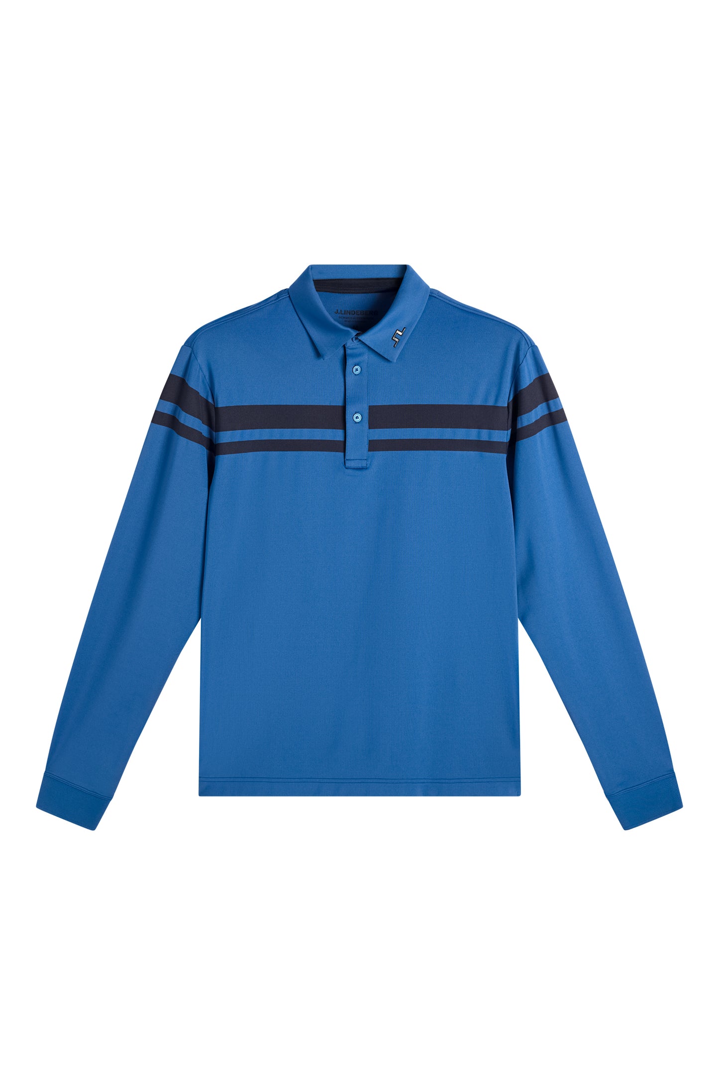 Set forfra: Blå Kenny LS stripe polo med mørke striber på brystet, lange ærmer og et lille logo på kraven.