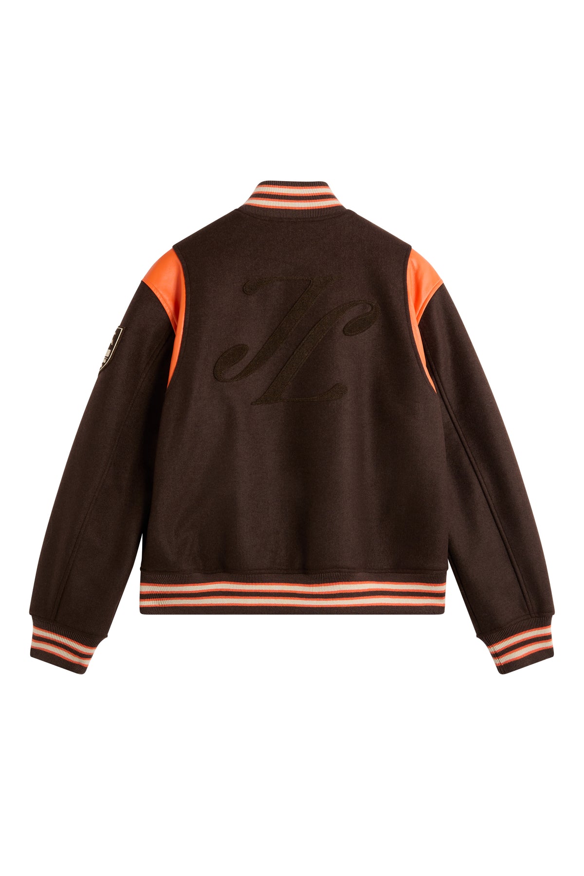 Back view: Bobby Bomber Jacket in Seal Brown with embroidered logo and striped ribbed trim.