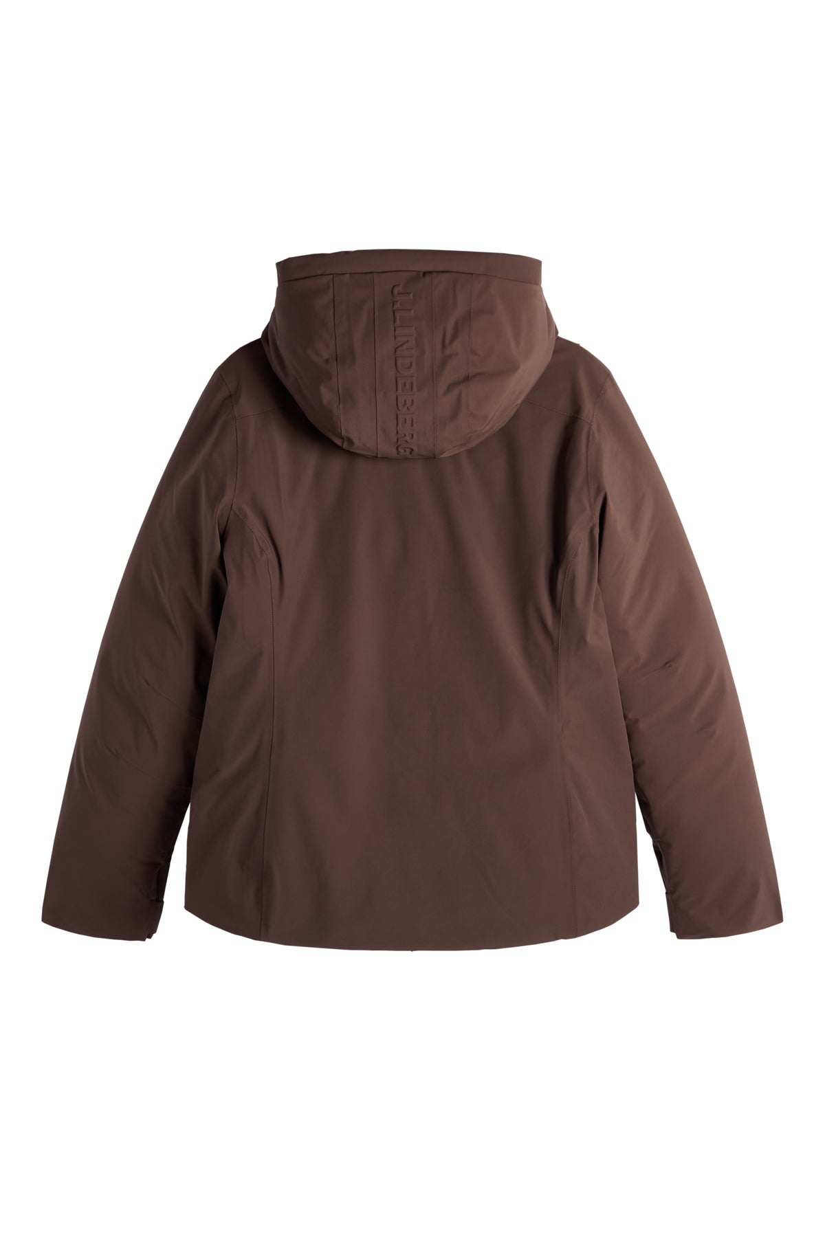 Vue de dos : Doudoune de ski Oates Down Jacket en Seal Brown avec capuche et lettrage J.LINDEBERG.