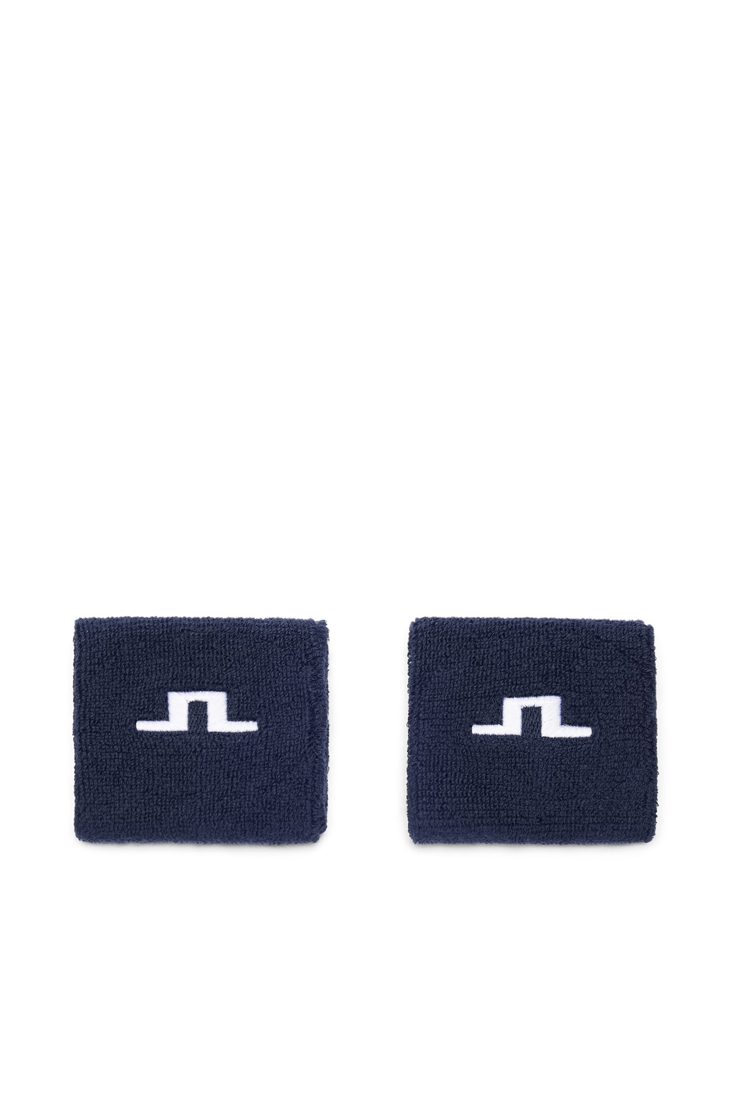 Vooraanzicht: Set van twee Juno Wristbands in JL Navy van badstof met een wit geborduurd Bridge-logo.