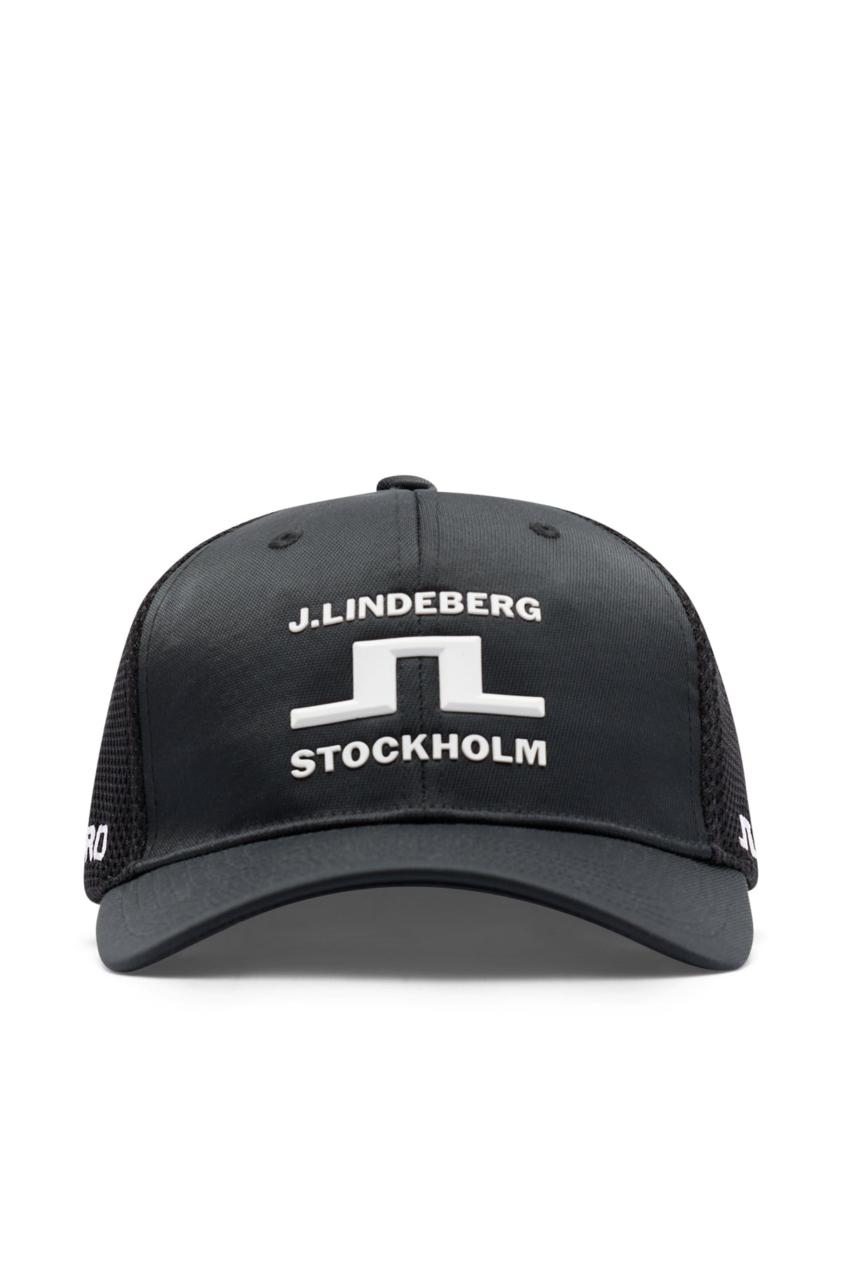 Sett forfra: Svart JL Pro Cap med hvit 3D Bridge-logo og J.LINDEBERG Stockholm foran.