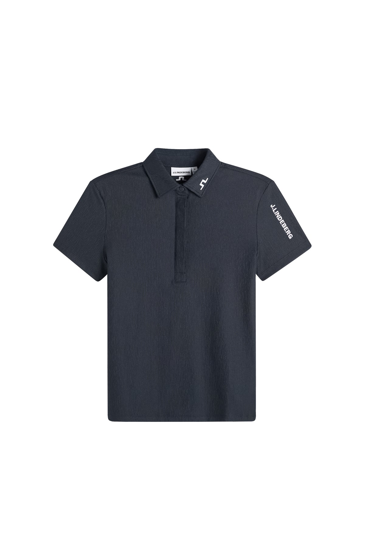 Vorderansicht: Tour Tech Textured Polo in JL Navy mit kurzen Ärmeln, verdeckter Knopfleiste und Bridge-Logo am Kragen.