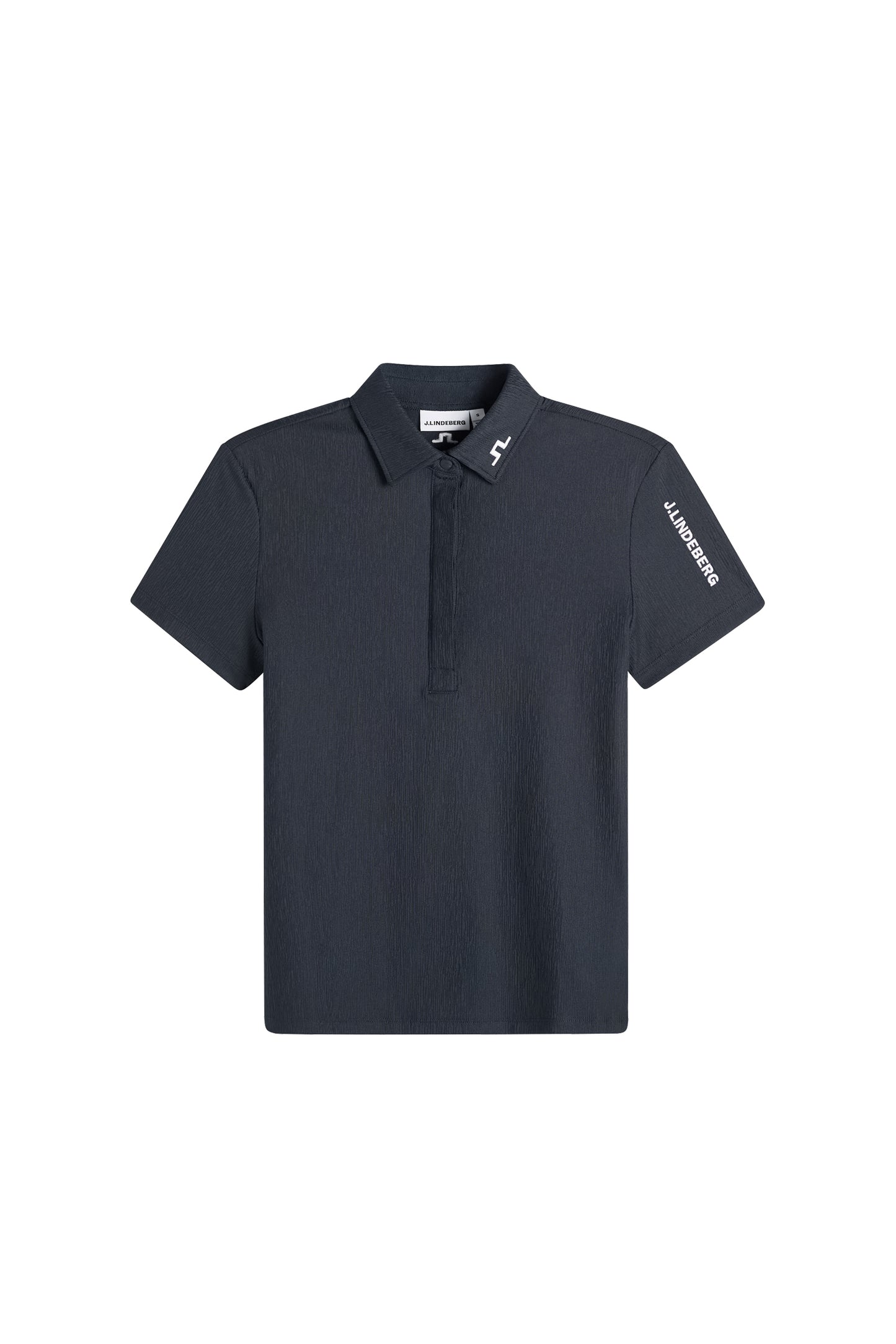 Vorderansicht: Tour Tech Textured Polo in JL Navy mit kurzen Ärmeln, verdeckter Knopfleiste und Bridge-Logo am Kragen.