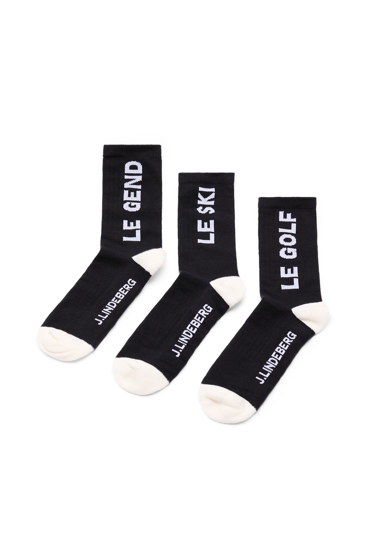 Three-pack of black Le Gend Socks featuring graphic text on the shafts and J.LINDEBERG logos on the feet.