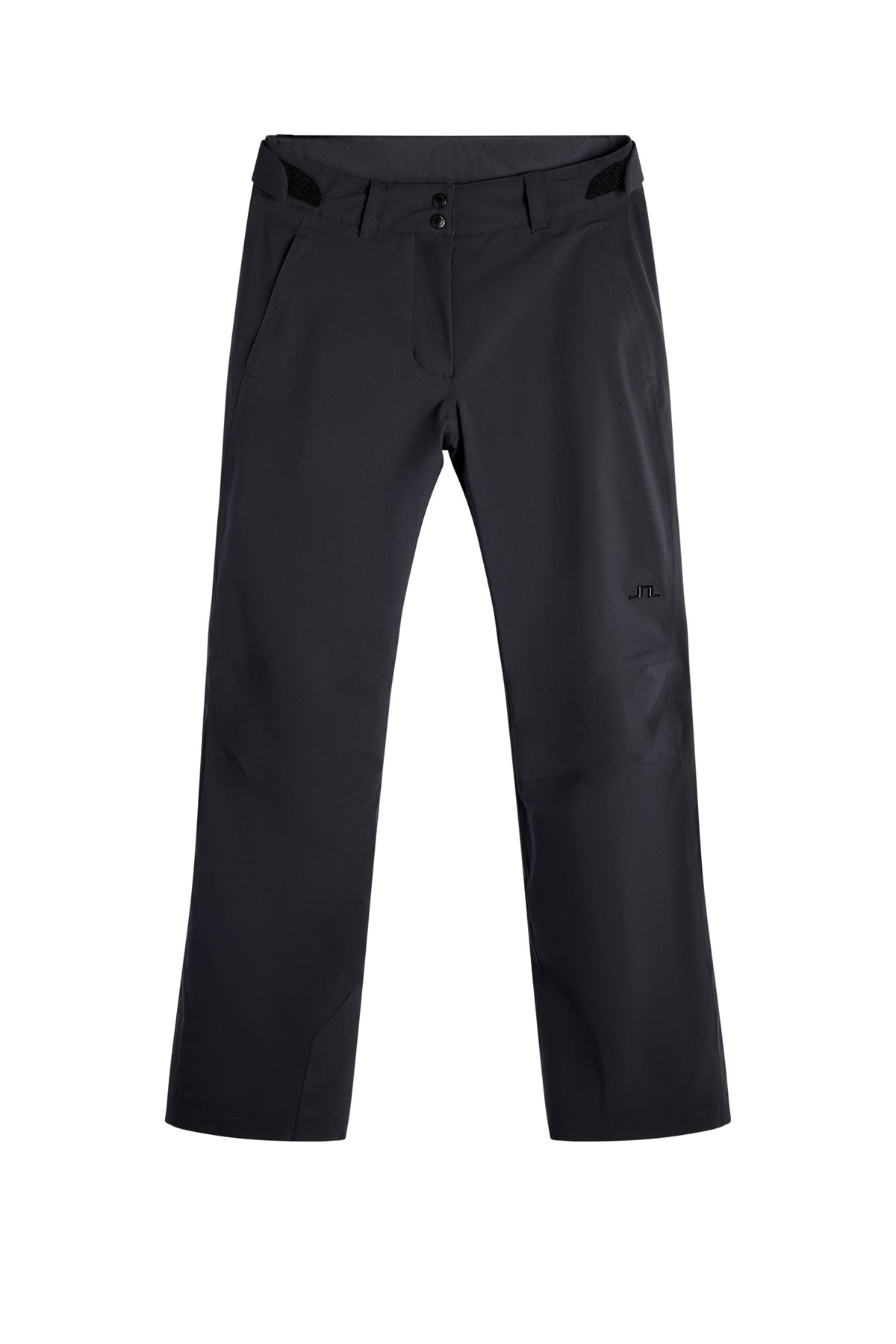 Vorderansicht: Moeva Pant in Schwarz mit verstellbarem Bund, Eingrifftaschen und Bridge-Logo auf dem Bein.