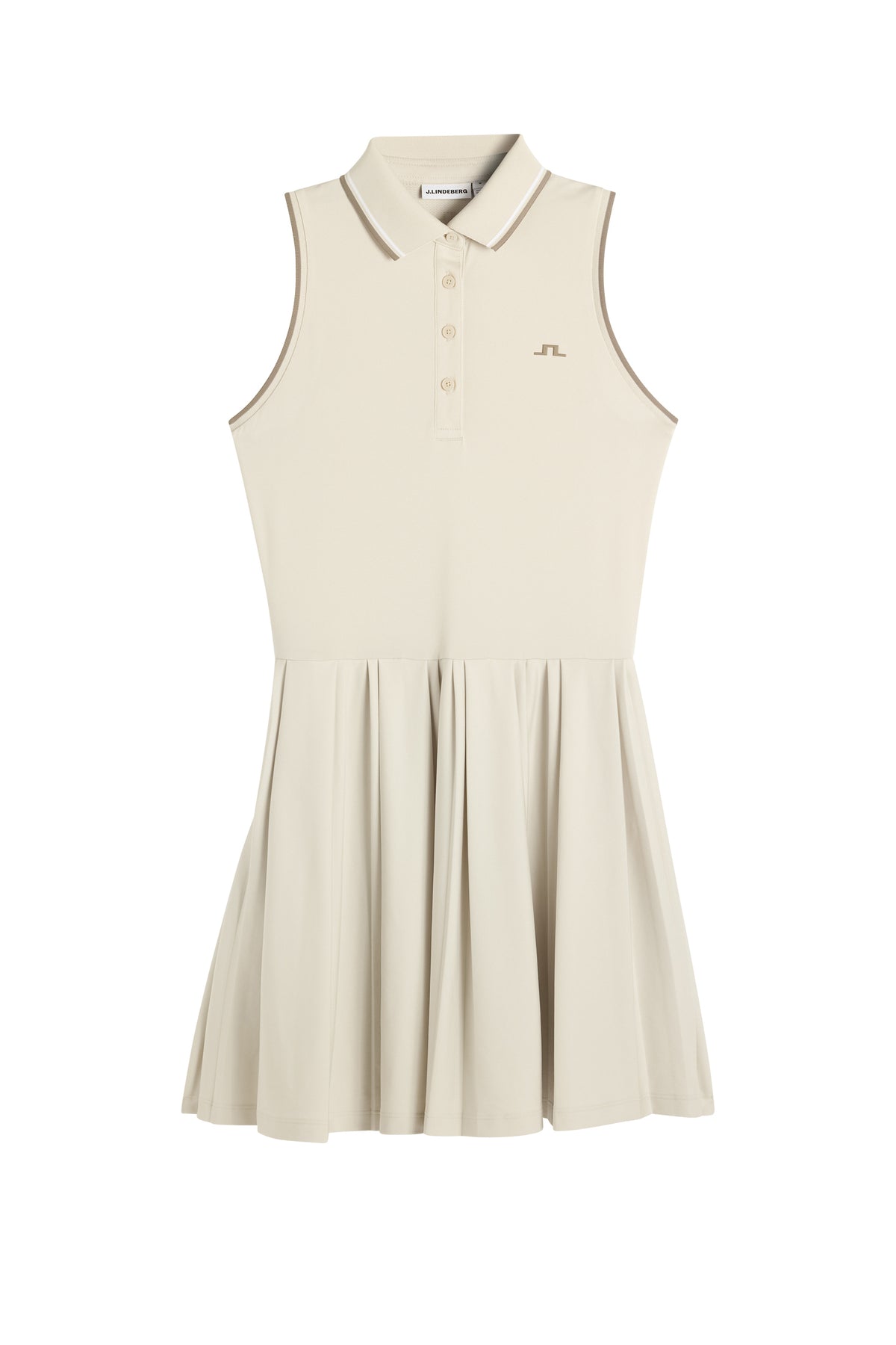 Vooraanzicht: Mouwloze Swing Dress in Moonbeam met polokraag, Bridge-logo en een geplooide rok.